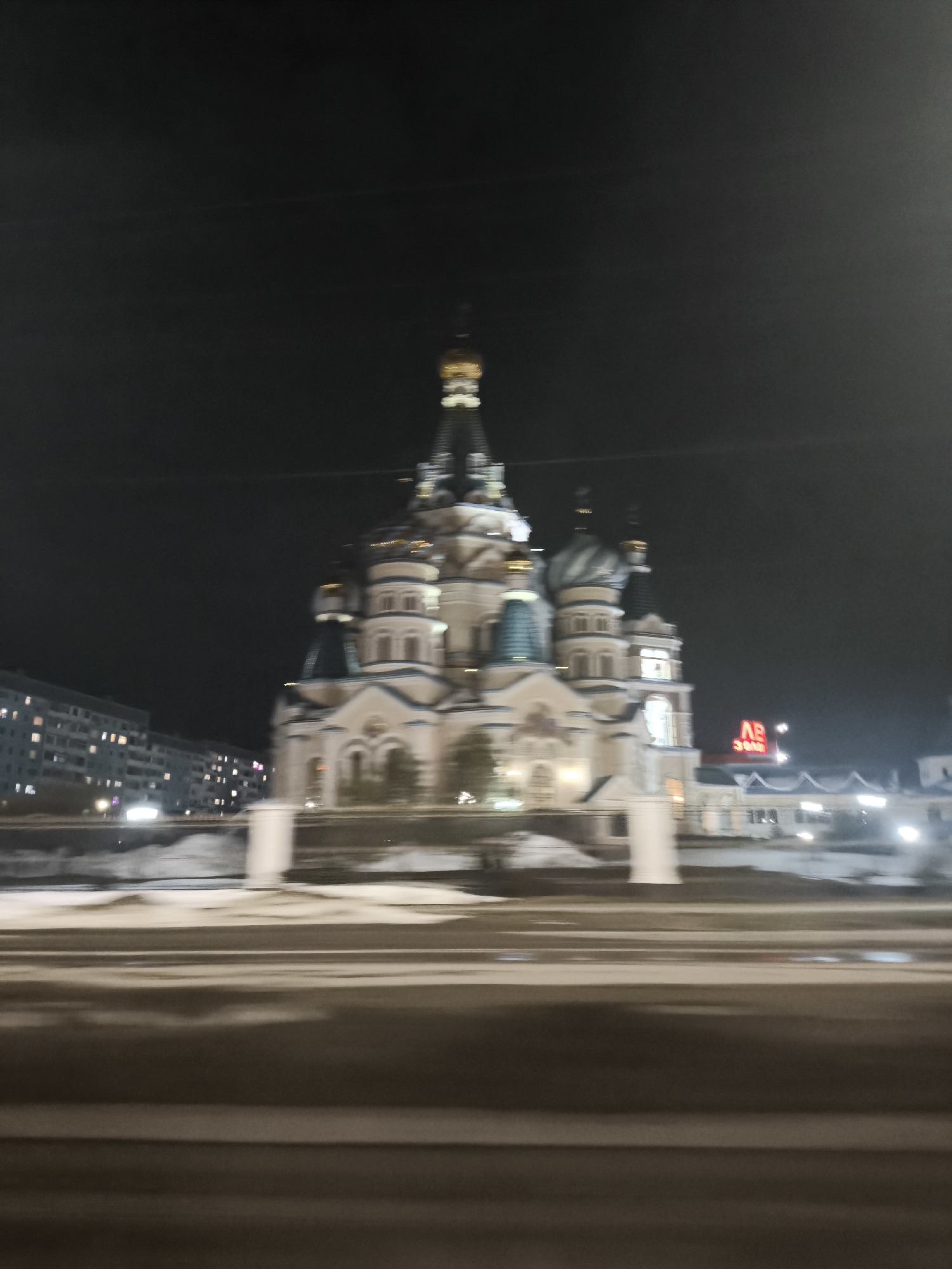 Nighttime view of Alexander Nevsky Cathedral in Izhevsk