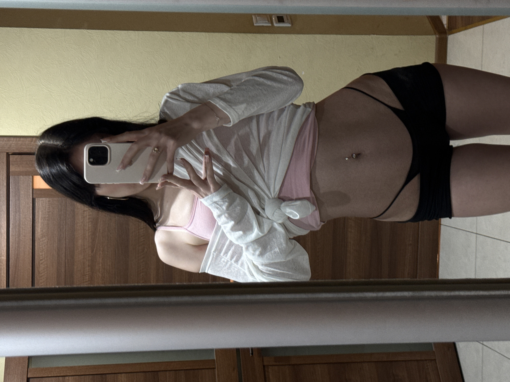 Mirror selfie session at a Khimki apartment, same outfit, multiple takes