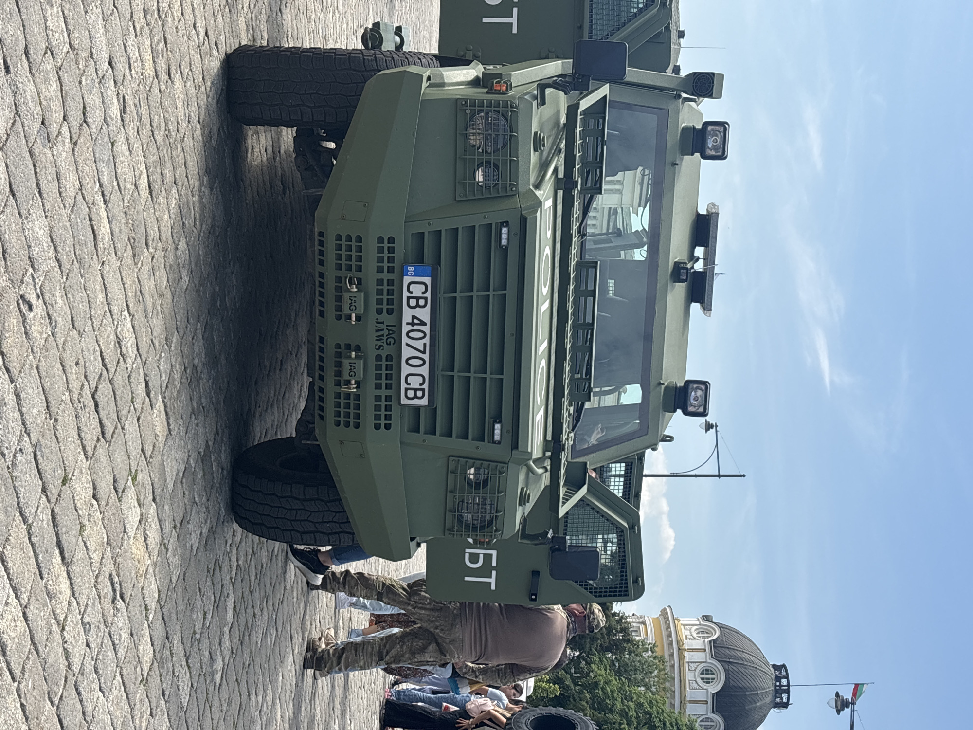 Military vehicles deployed near Sofia cathedral during boxing event