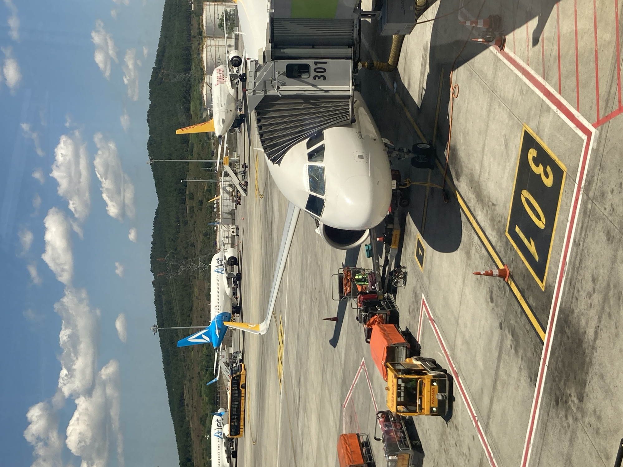 Aircraft at gate 301, ground ops underway at Pendik airport