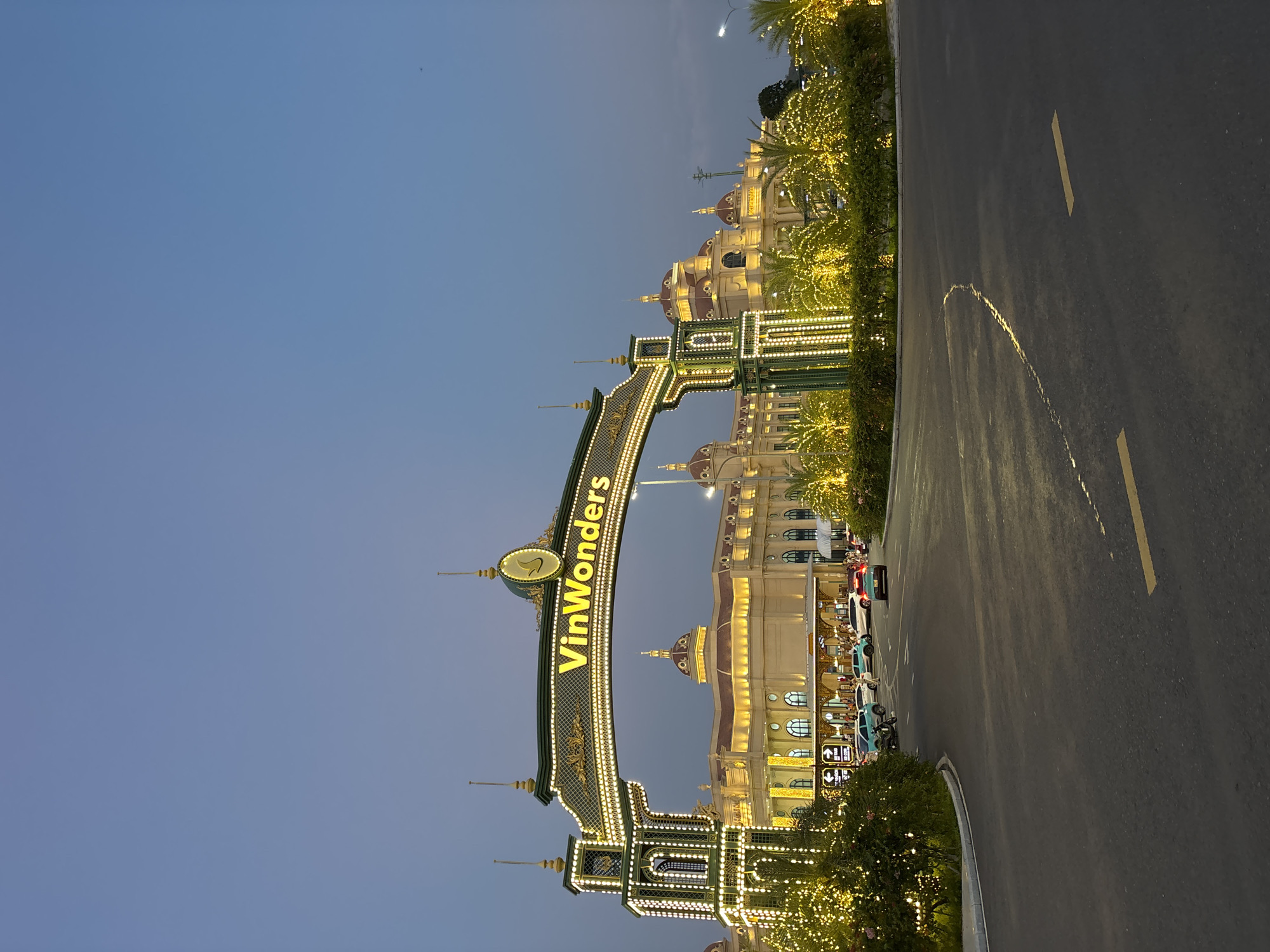 VinWonders theme park entrance illuminated during evening in Nha Trang