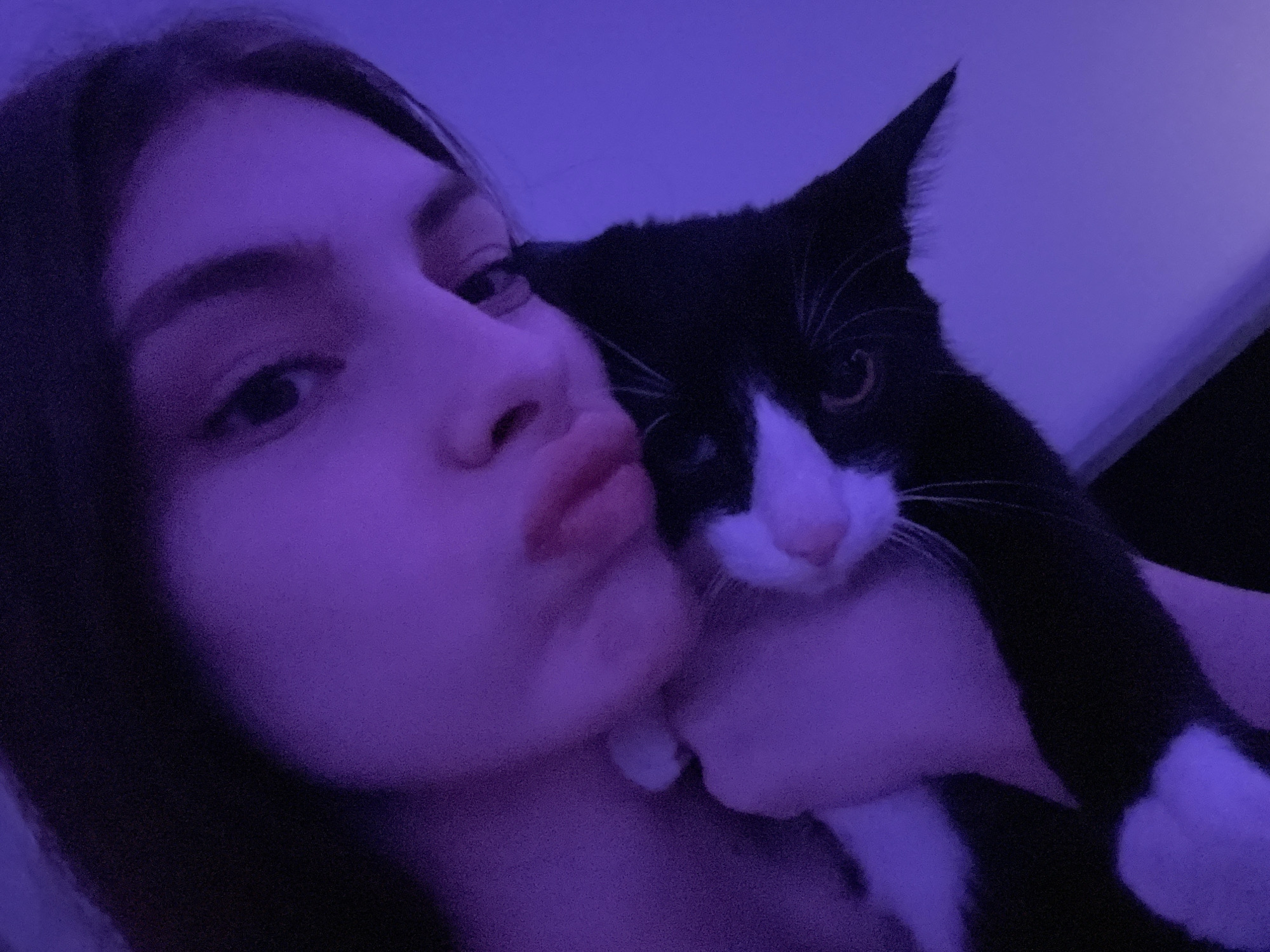 Person photographed cuddling black and white cat in Saint Petersburg