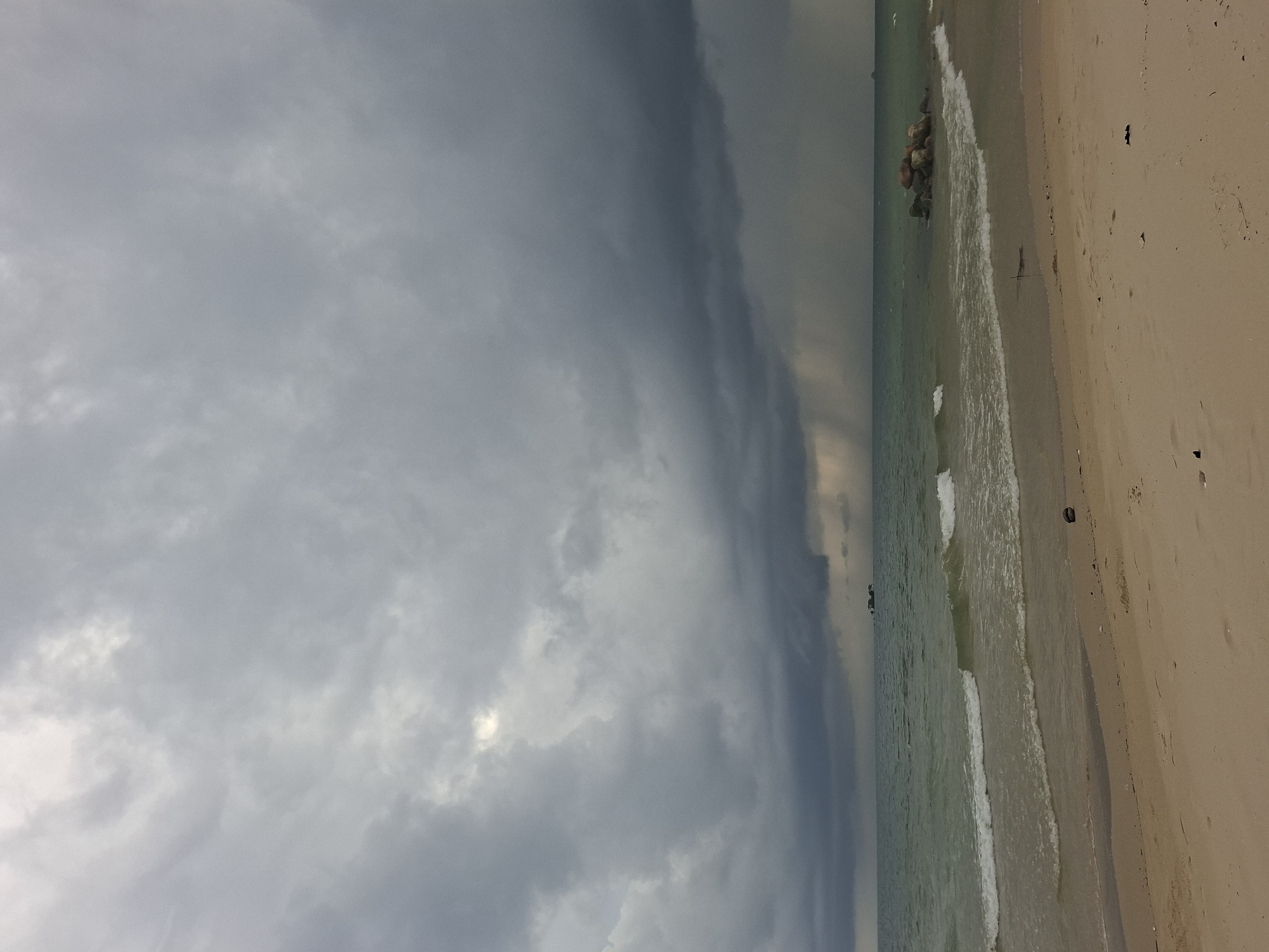 Stormy morning at a palm-lined beach near a resort area