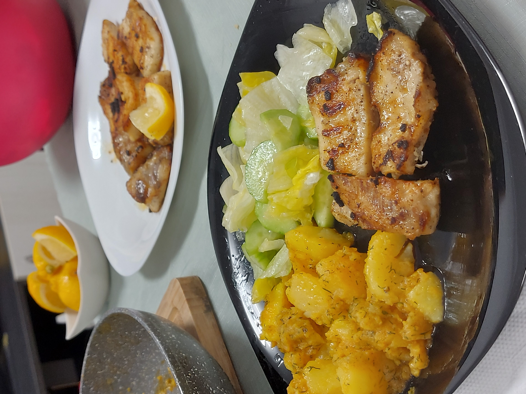 Home fish dinner prepared in Shumen kitchen with cat