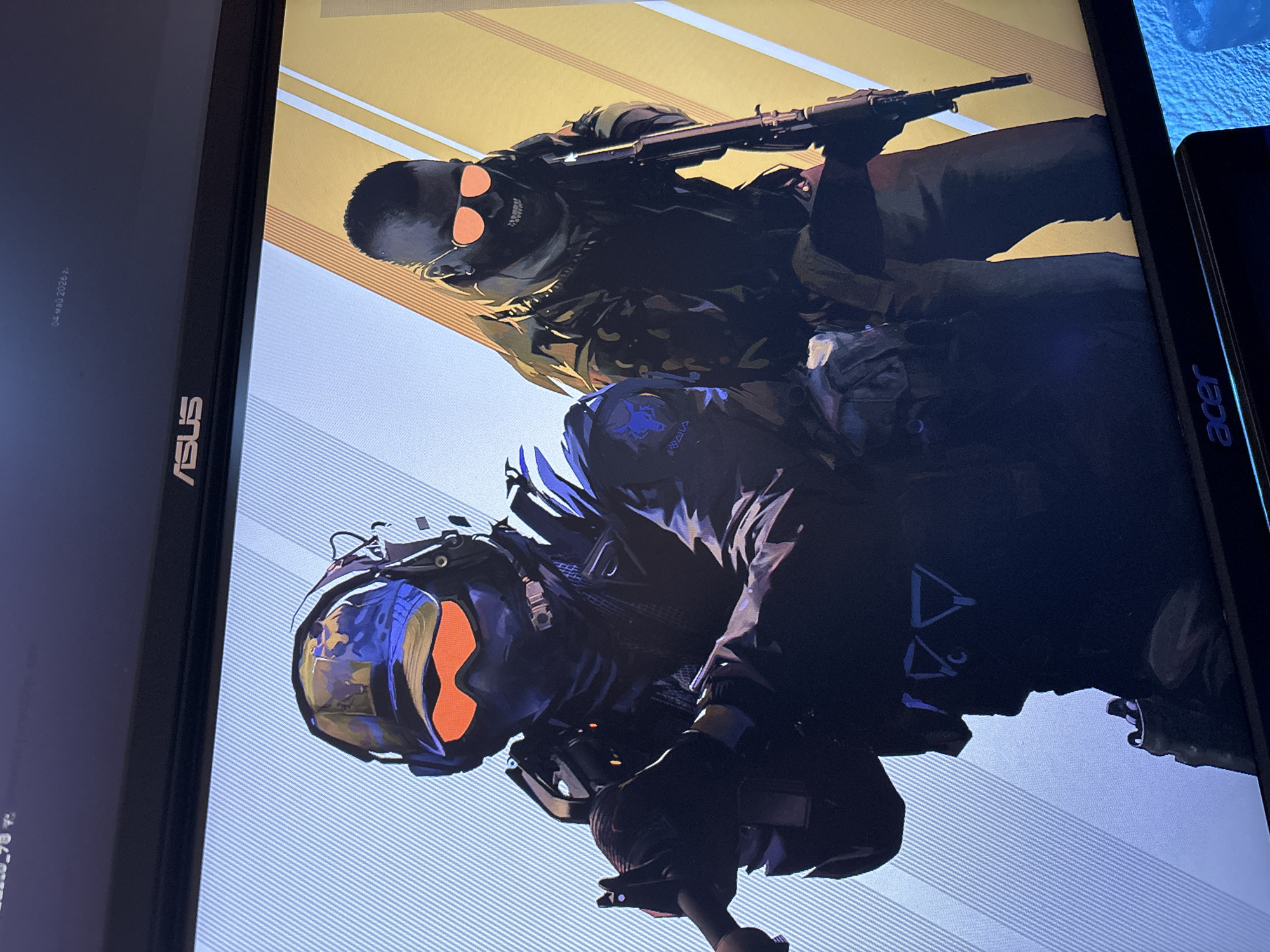Digital illustration with armed figures displayed on monitors in Kazanlak