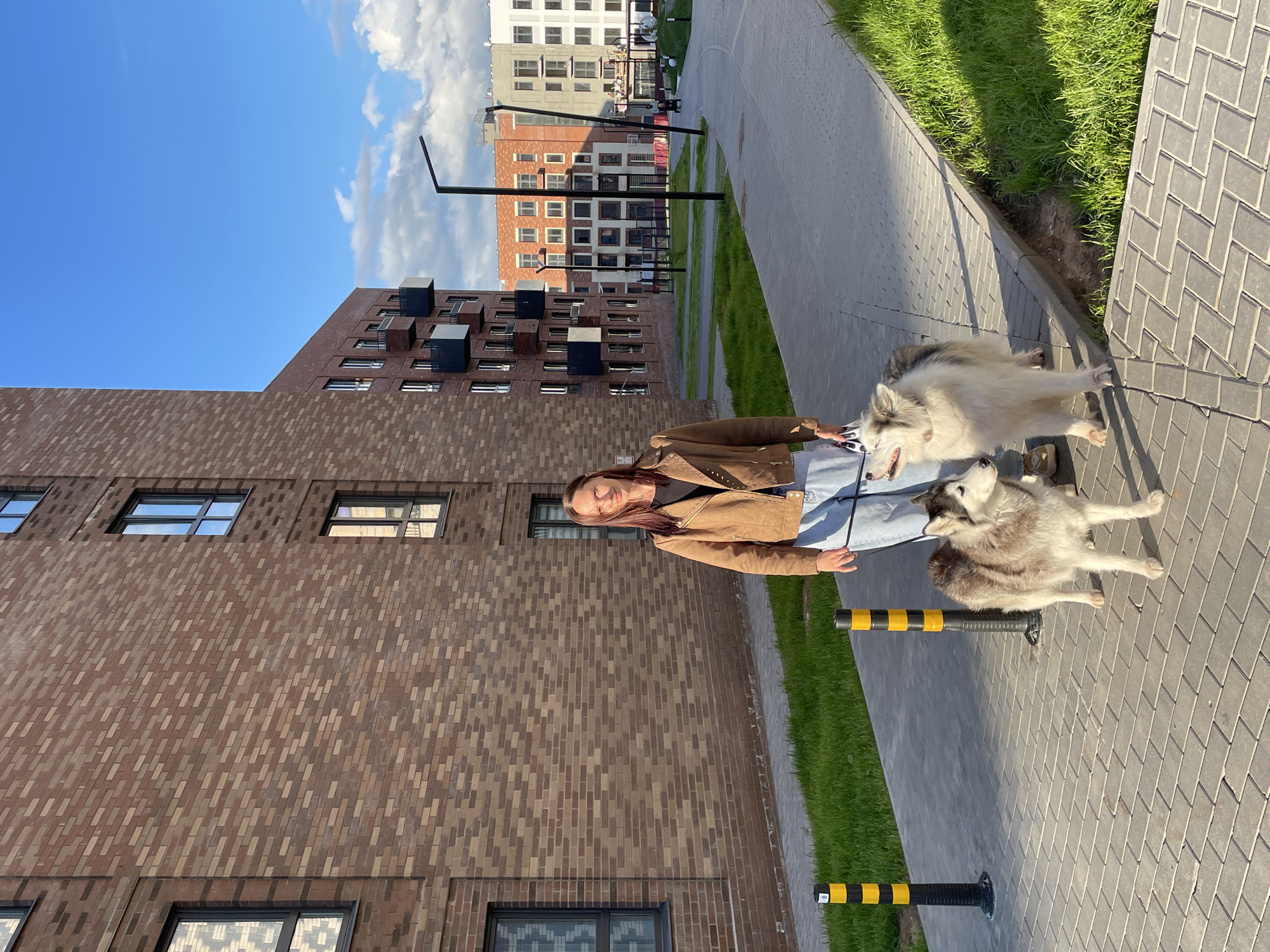Woman walks huskies through Russian residential areas