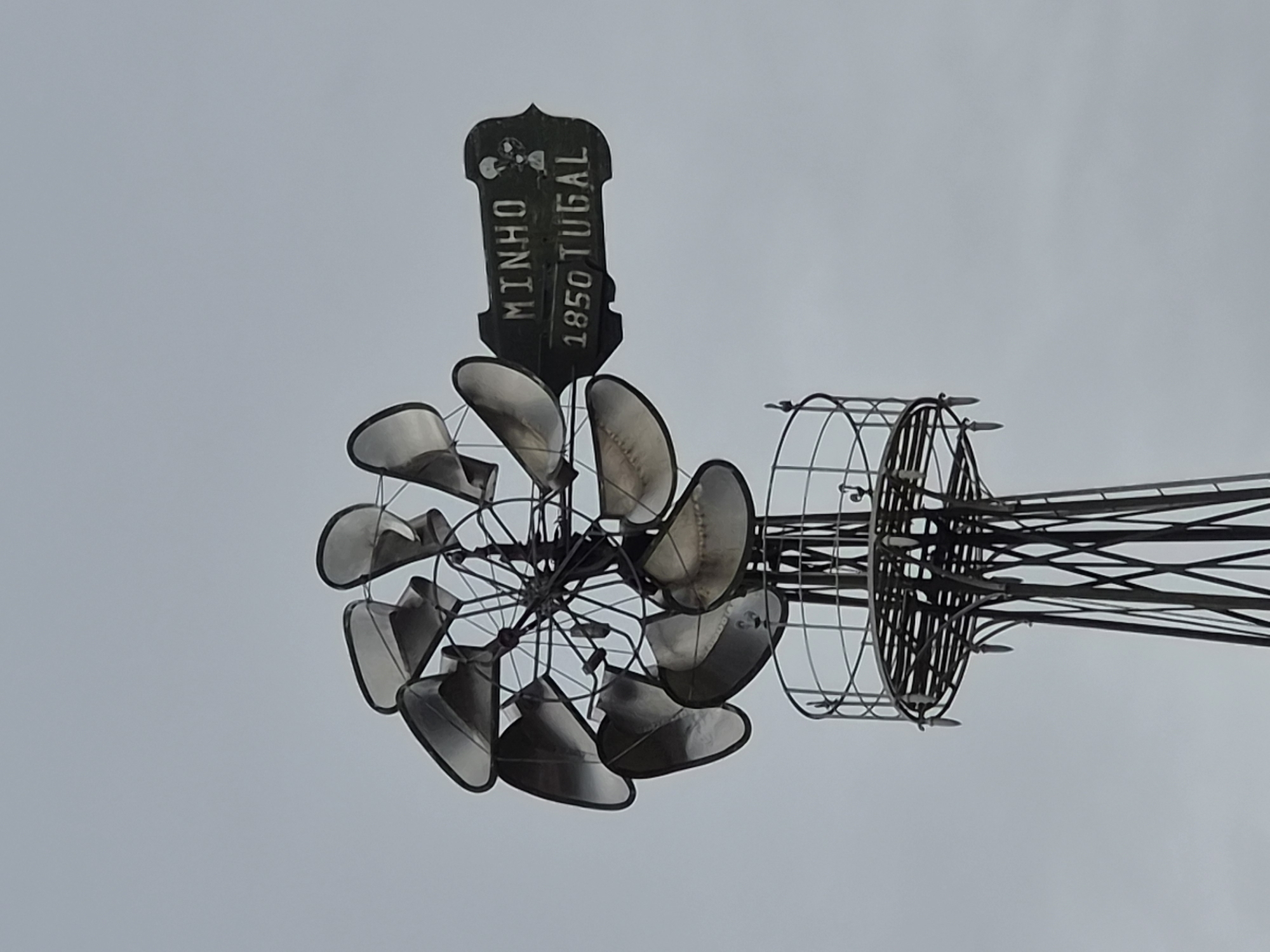 Historic metal windmill photographed in Barcelos, Portugal