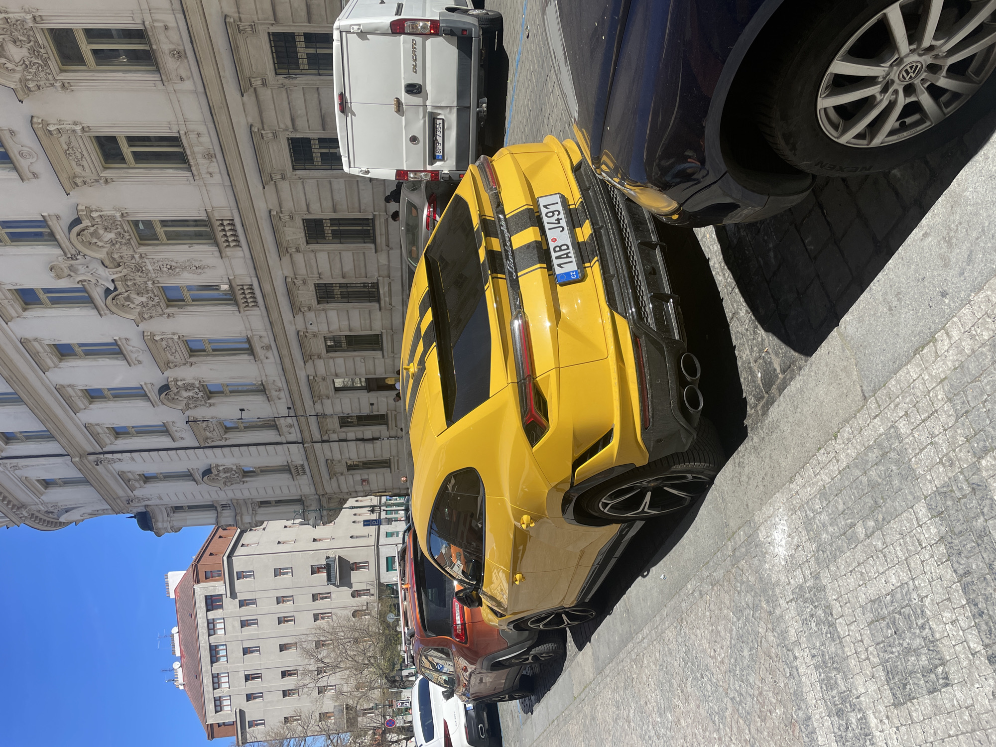 Yellow Lamborghini spotted parked on Prague cobblestone street