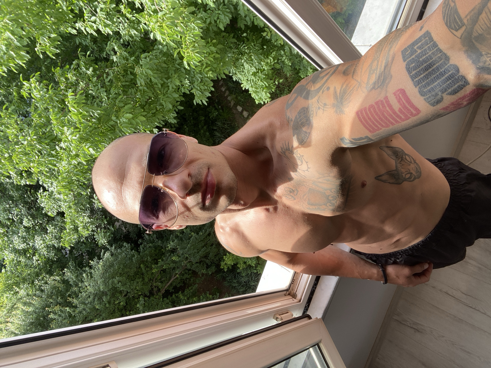 Tattooed figure poses in apartment window, Pleven