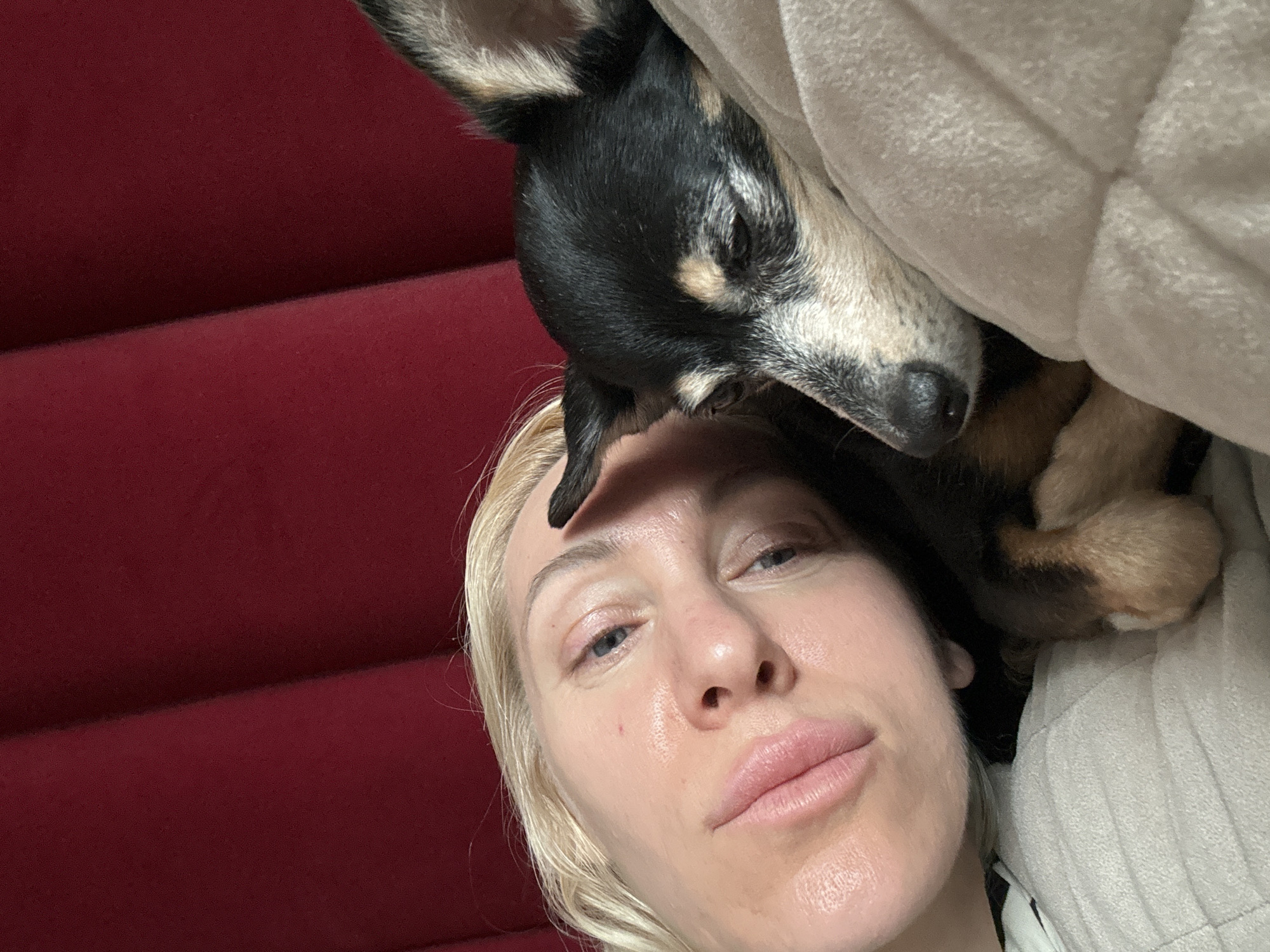 Woman and small dog share quiet morning moments indoors