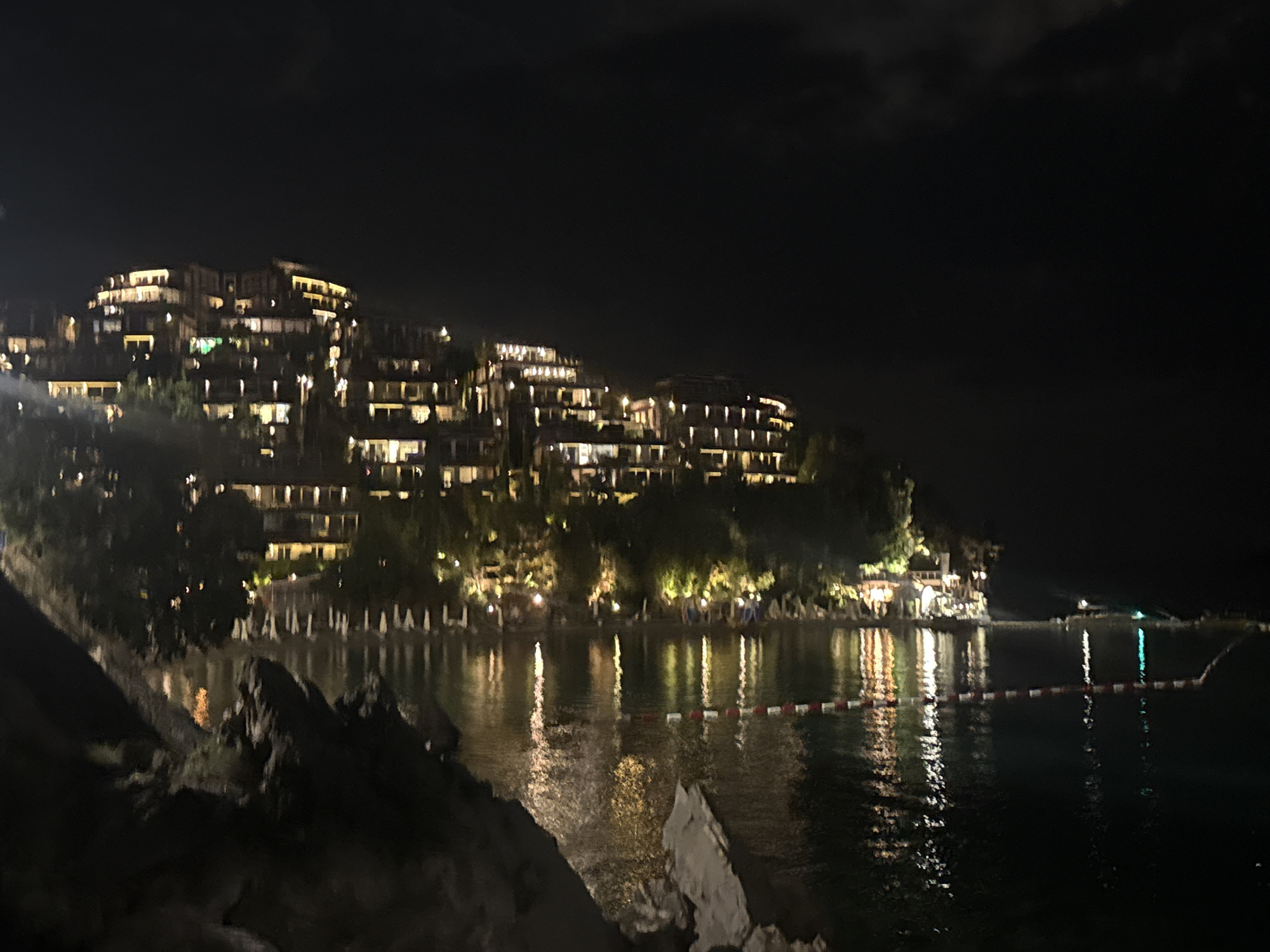 Budva's coastline and resort strip after dark