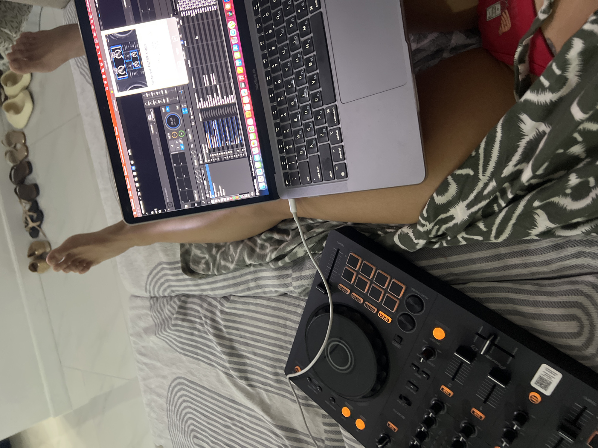 Pioneer DJ controller and MacBook on bedroom bed, Choeng Thale