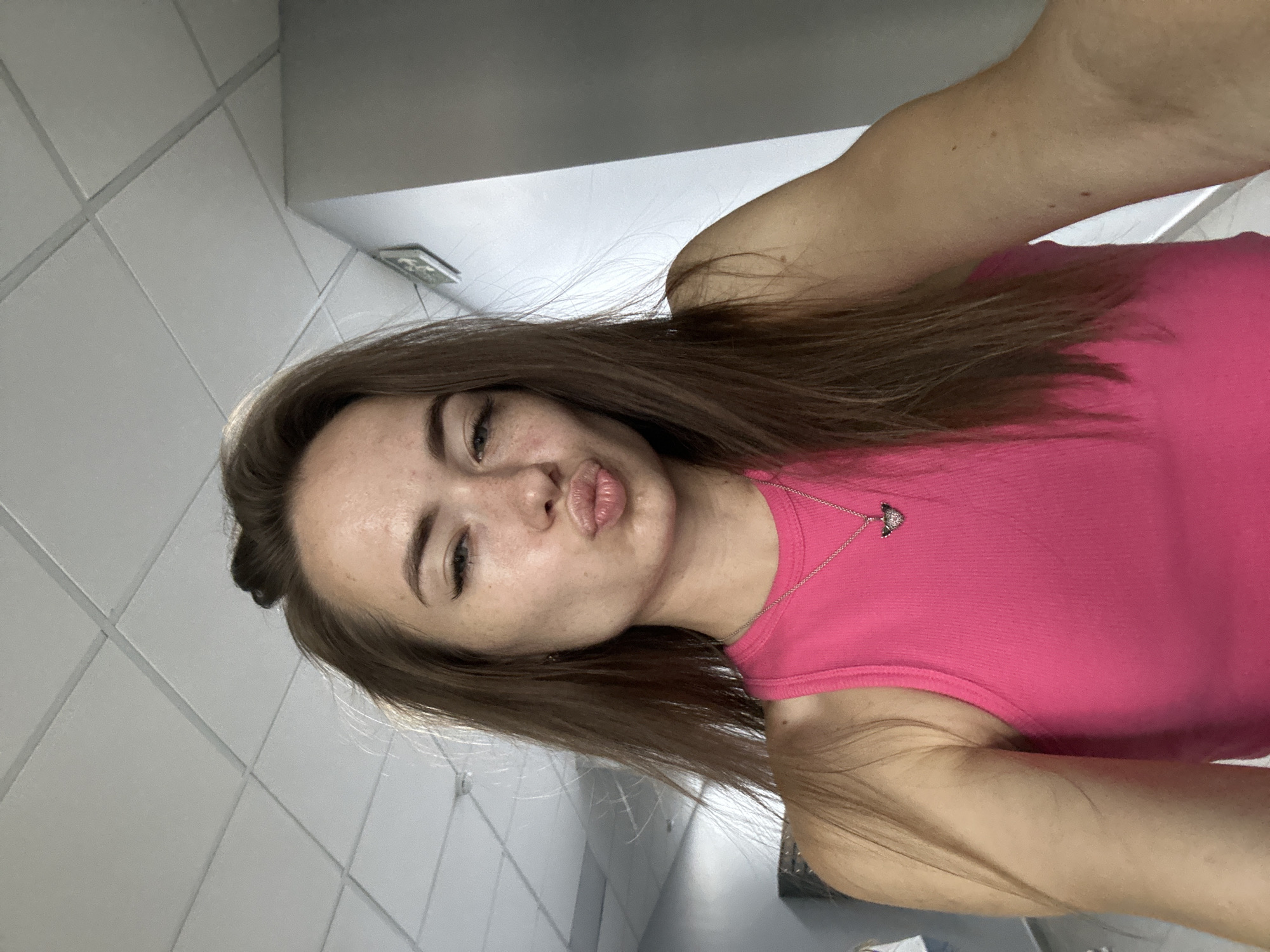 Selfie series outdoors and indoors, pink tank top, city backdrop