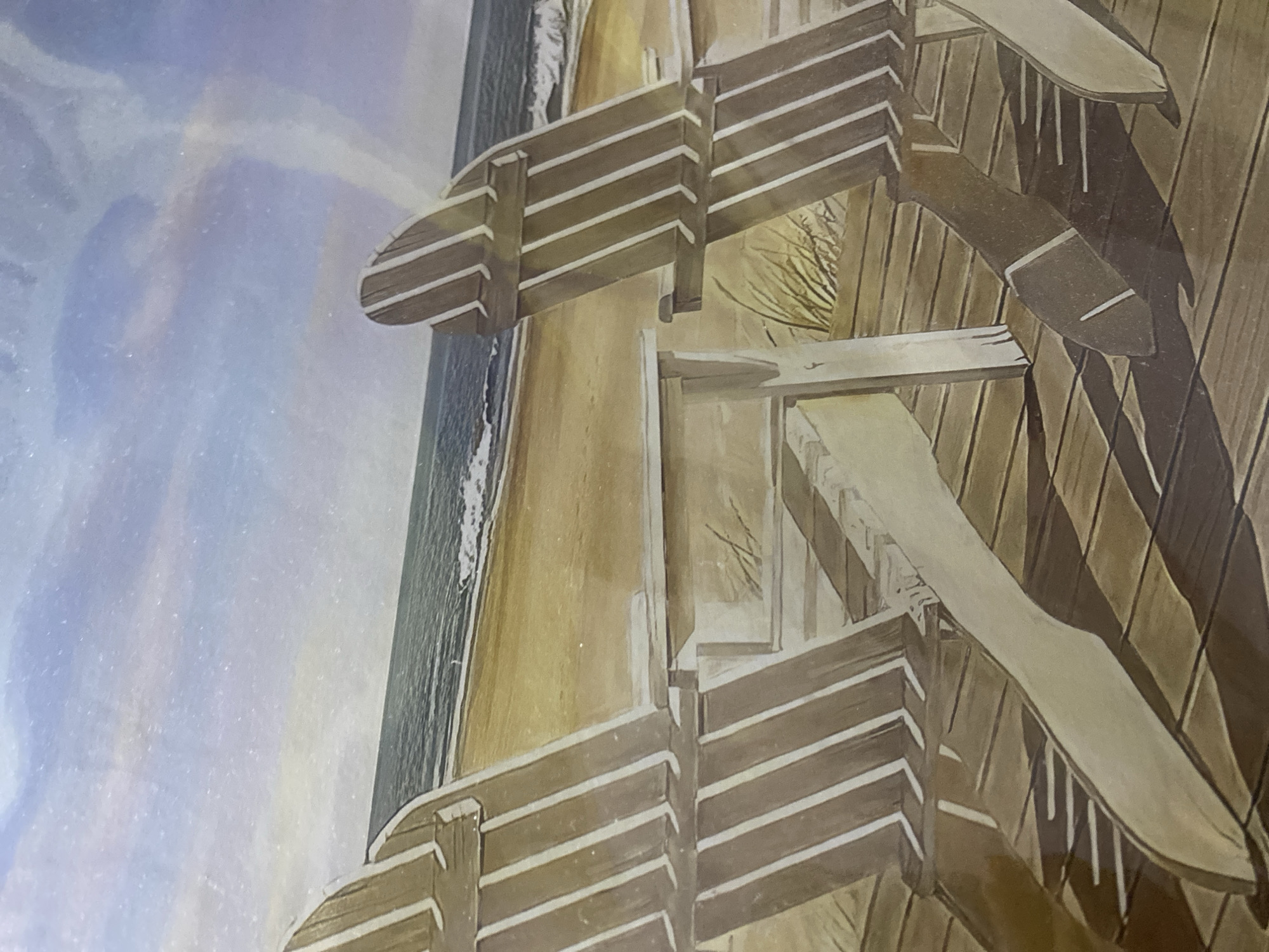 Coastal artwork featuring wooden pier documented in Tinaquillo, Venezuela