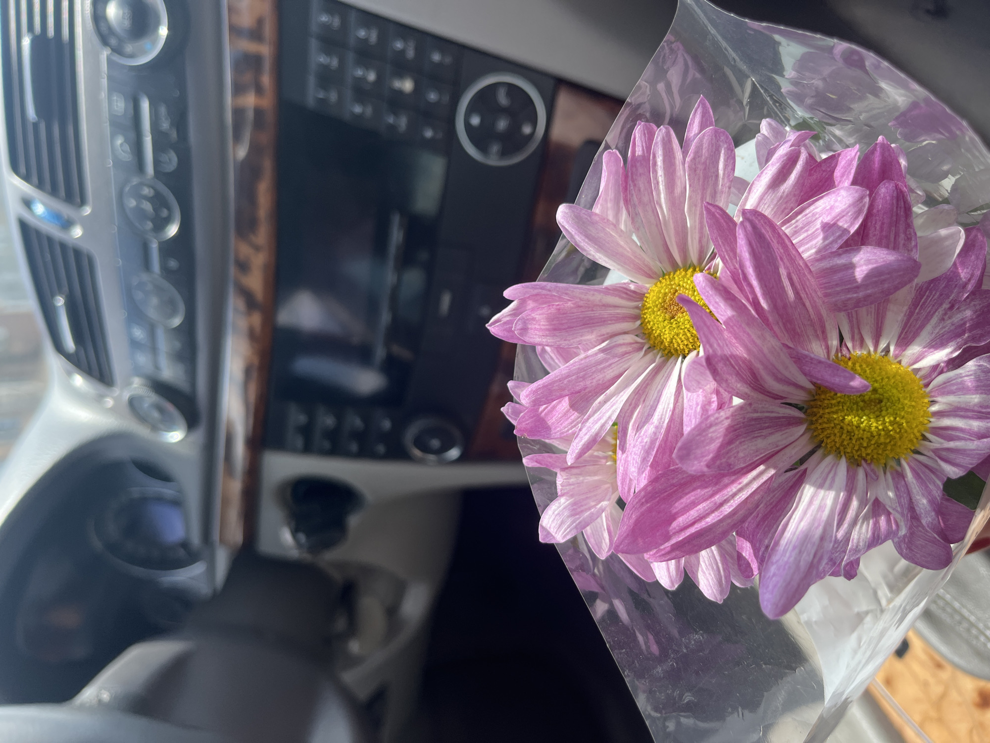 Father, daughter share flower bouquet moment in Burgas car