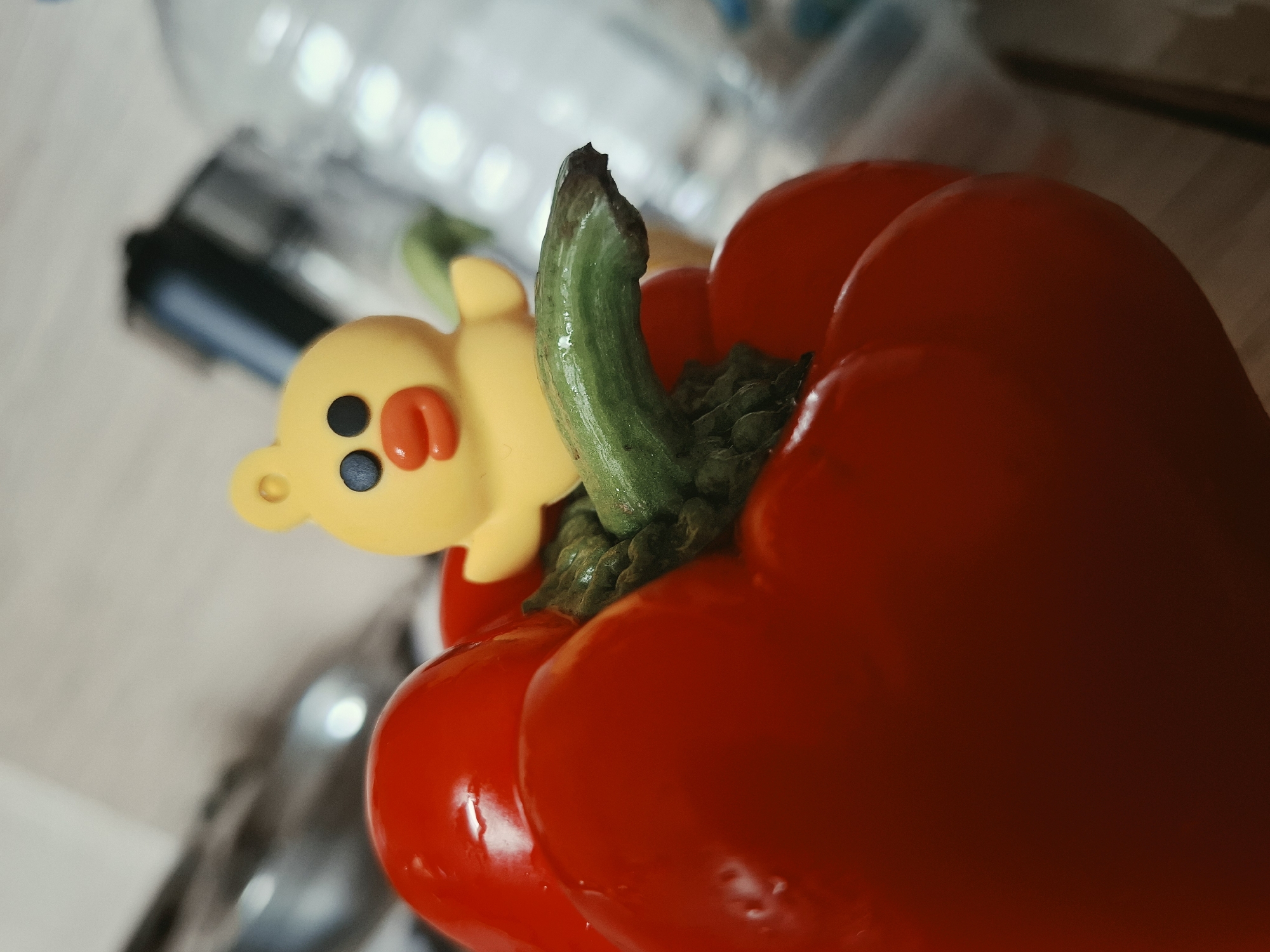 Tiny duck figurine staged across Vladivostok kitchen produce shots