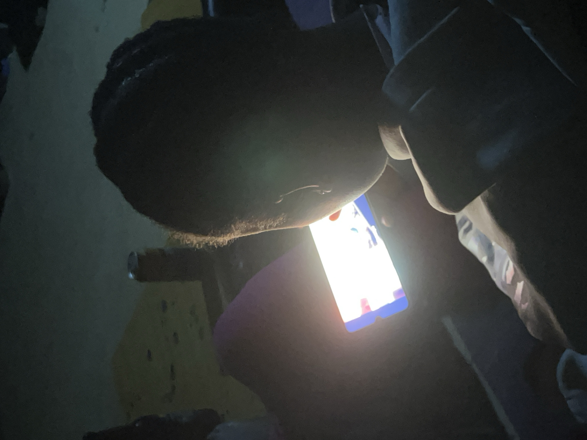 Late night phone session on purple cushions