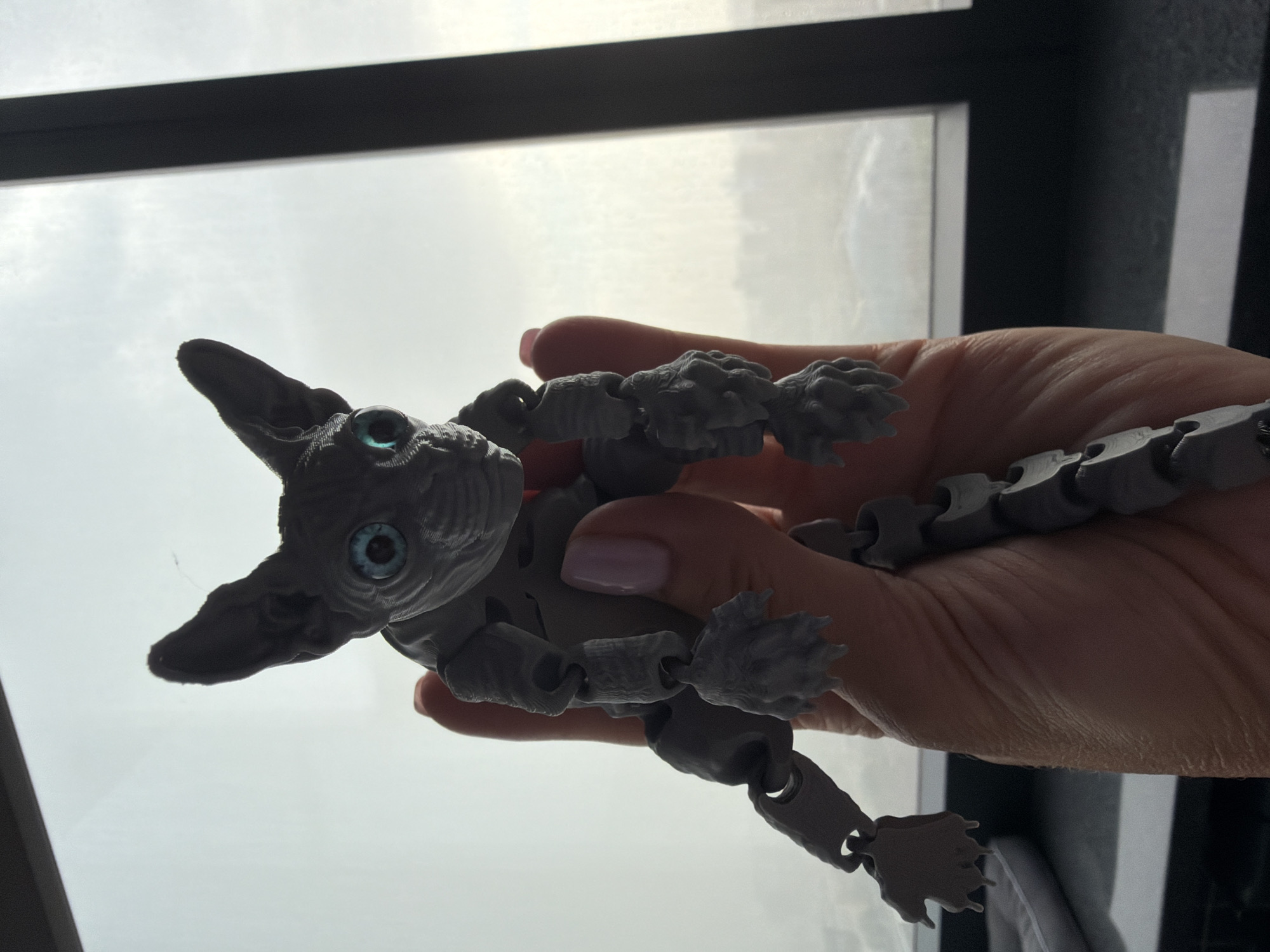 Moscow resident documents articulated sphynx cat toy in building lobby