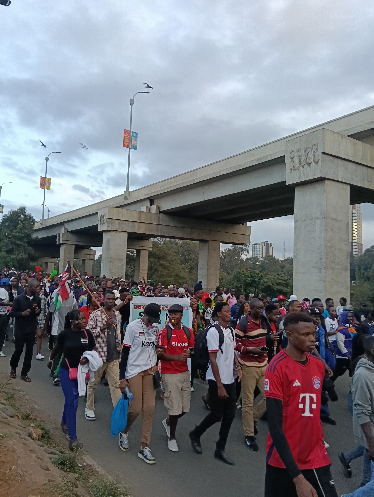 Crowds march through Nairobi with Kenyan flags under city overpass