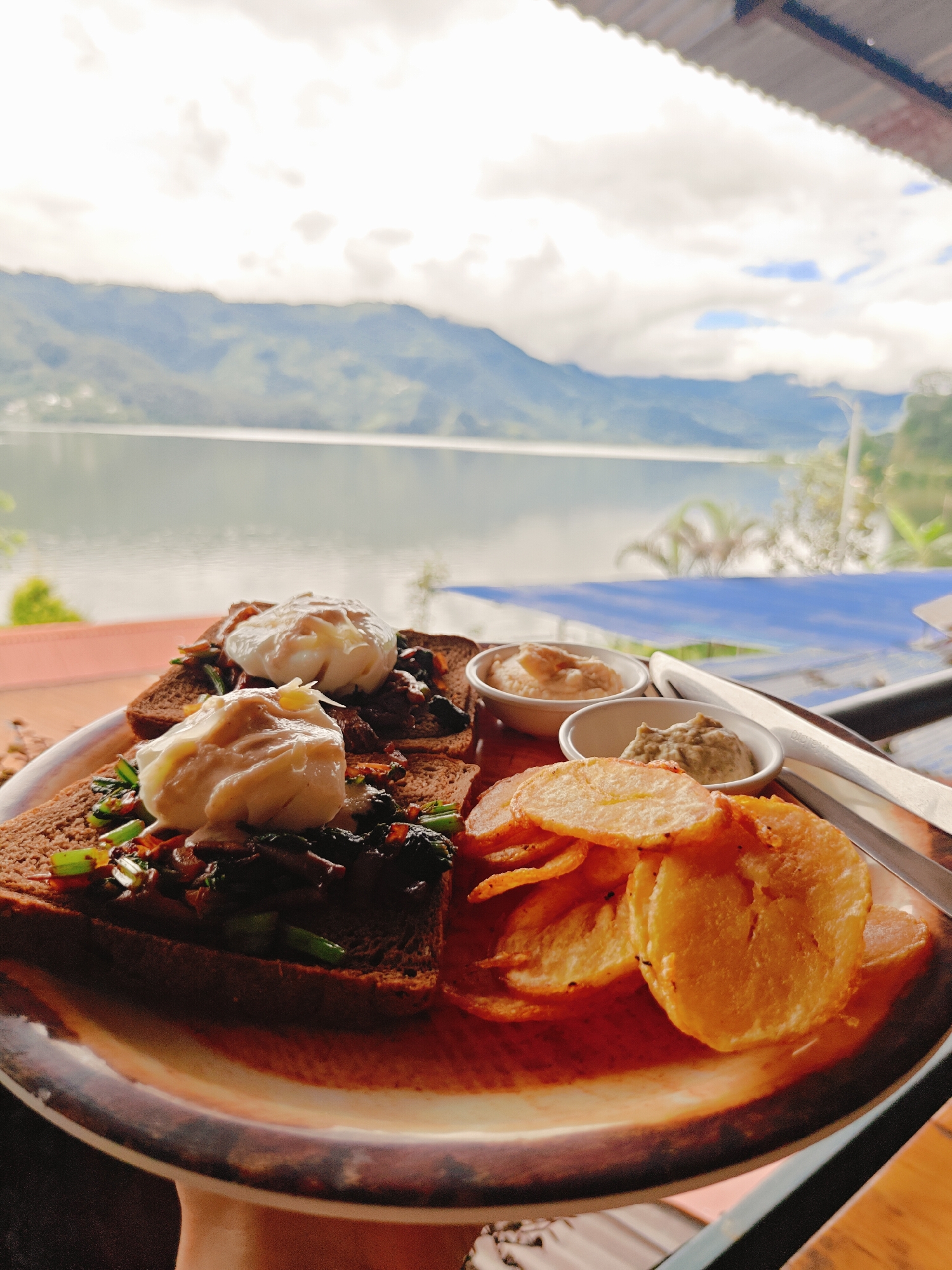 Lakeside breakfast with eggs and toast in Pokhara, Nepal