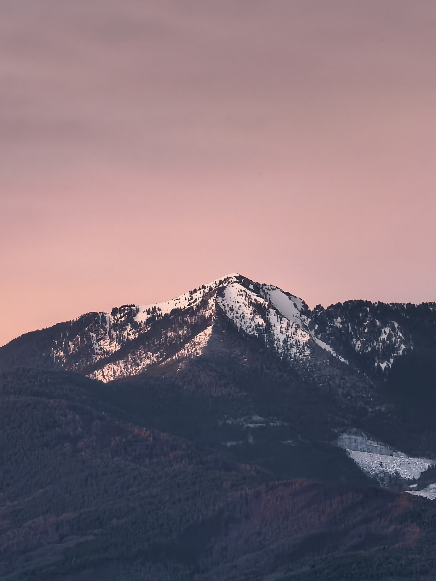 Snow-capped mountains observed under pink sky in Mikrevo, Bulgaria