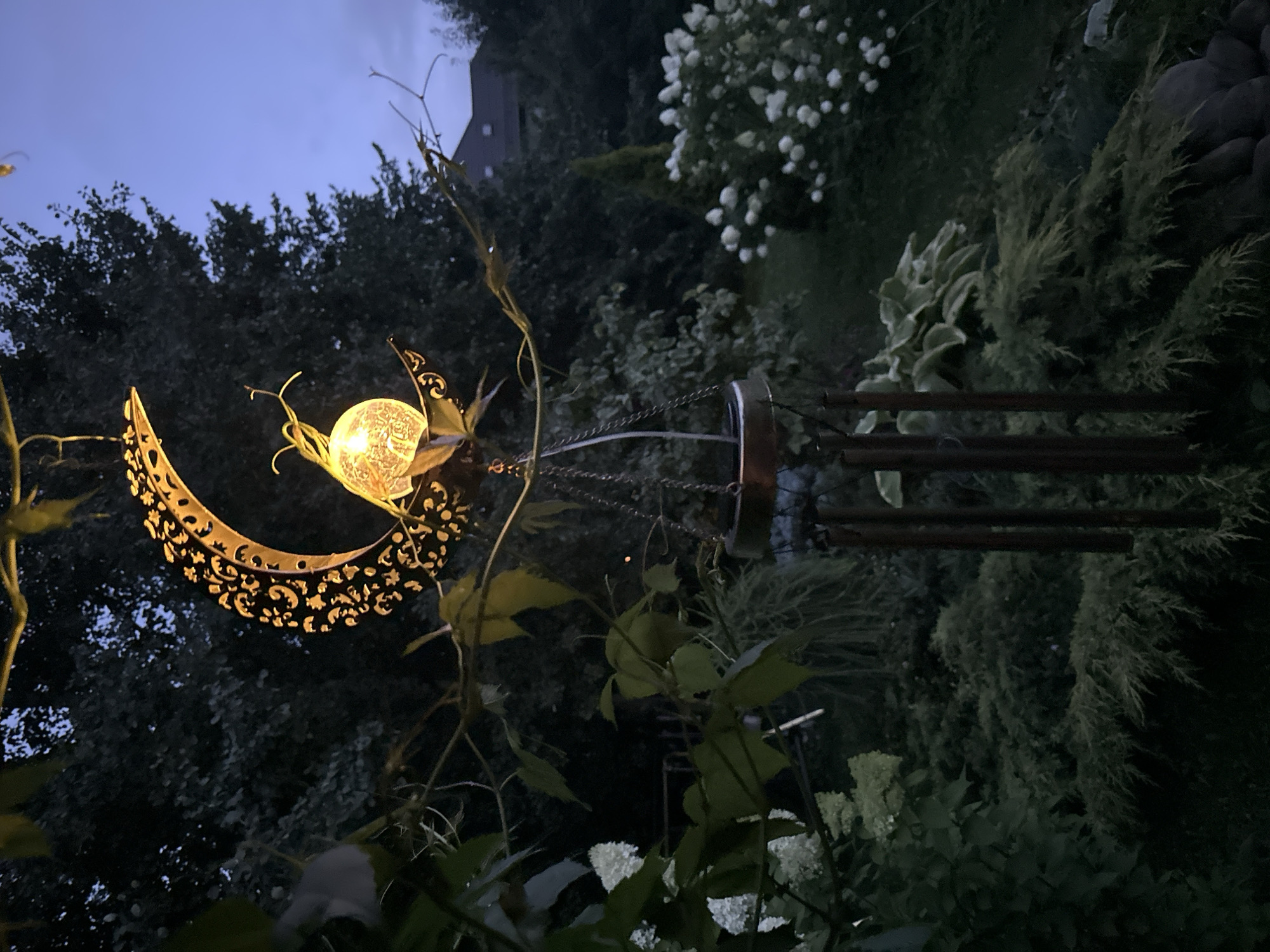 Solar garden lights glow at dusk in a Romashkino backyard