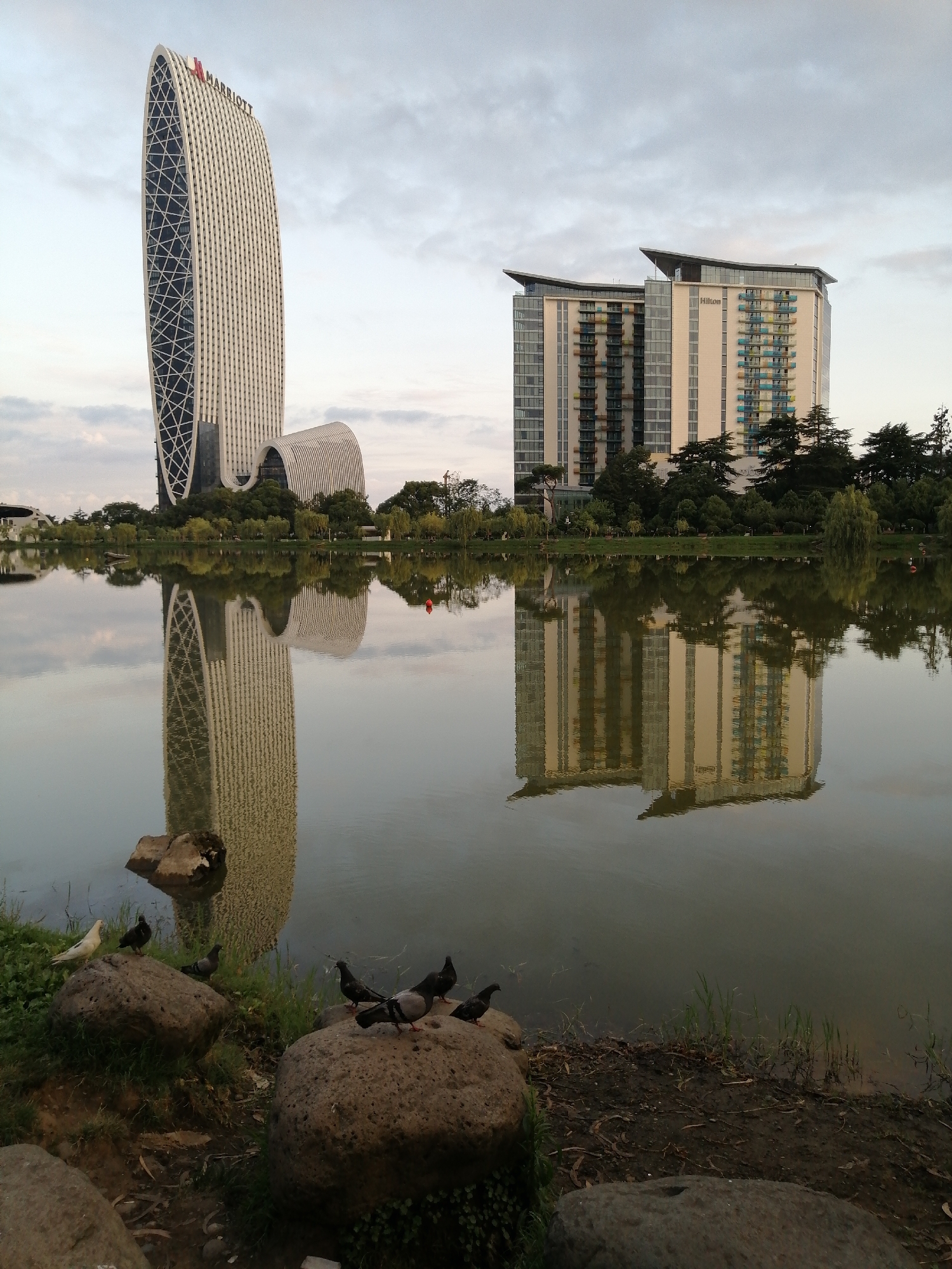 Batumi's landmark waterfront hotels reflected in still water