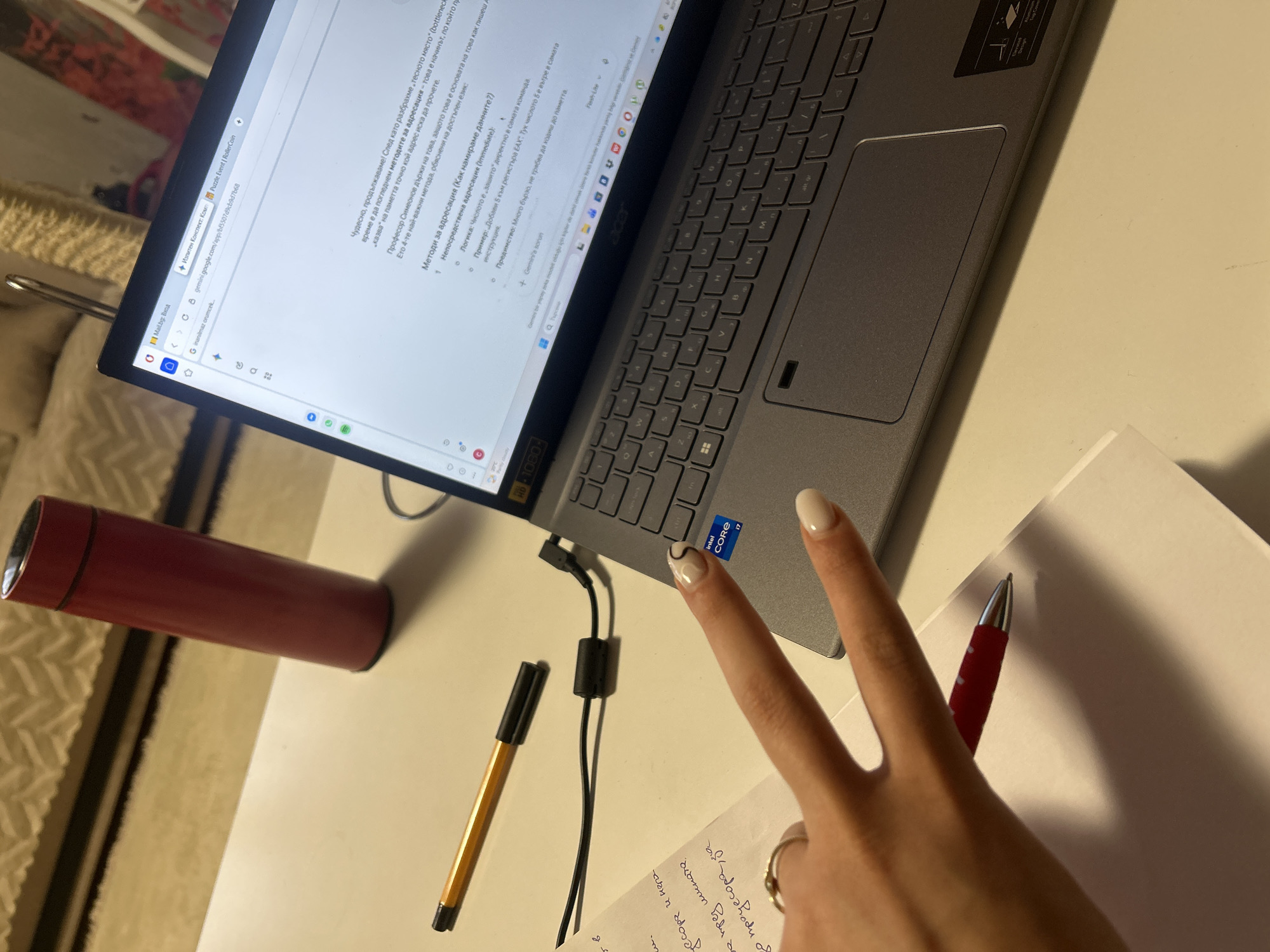 Woman documents casual study session in Burgas, Bulgaria apartment