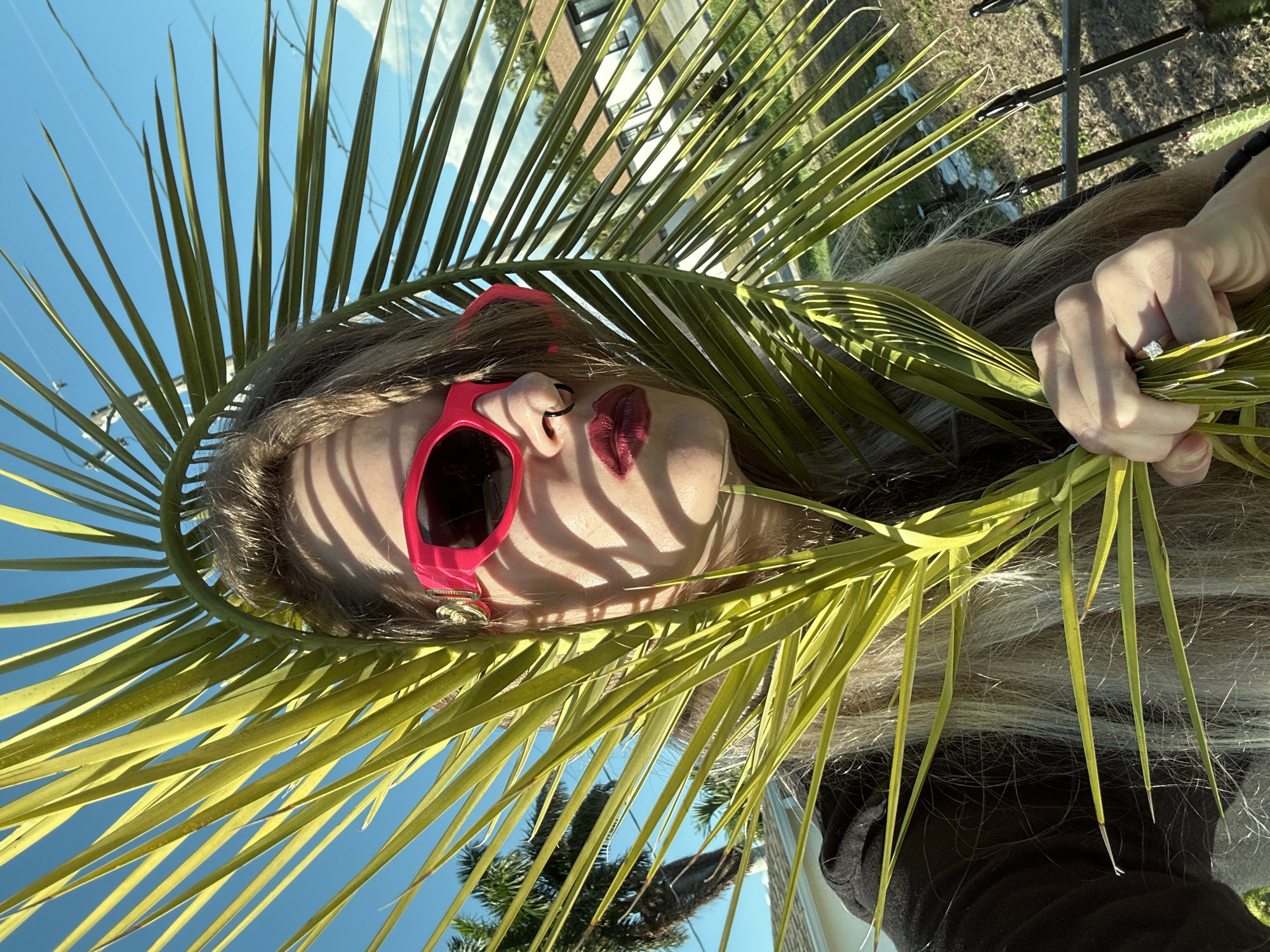 Woman poses with palm frond in Cape Coral Friday evening