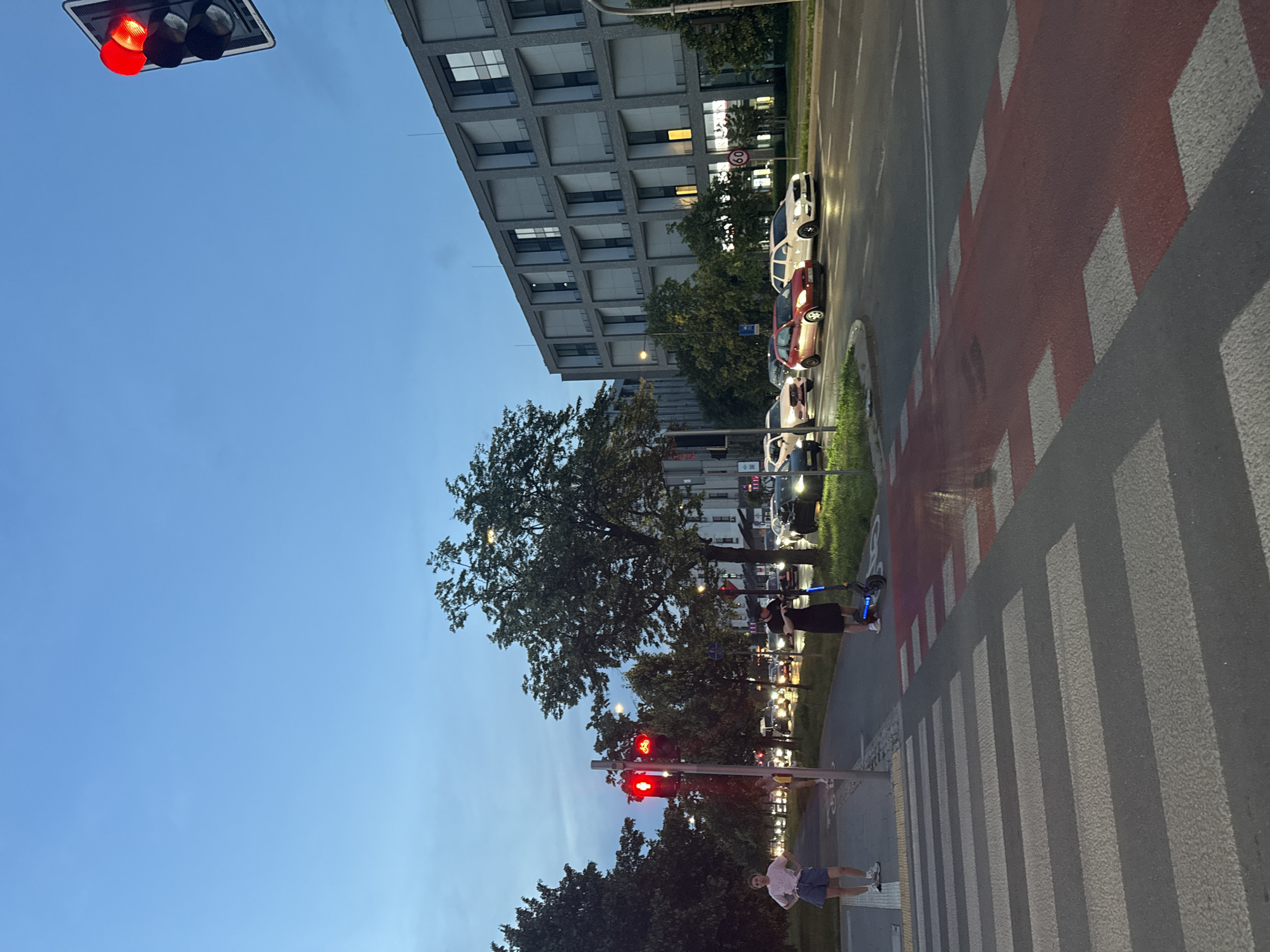 Evening stroll through a city neighborhood at dusk