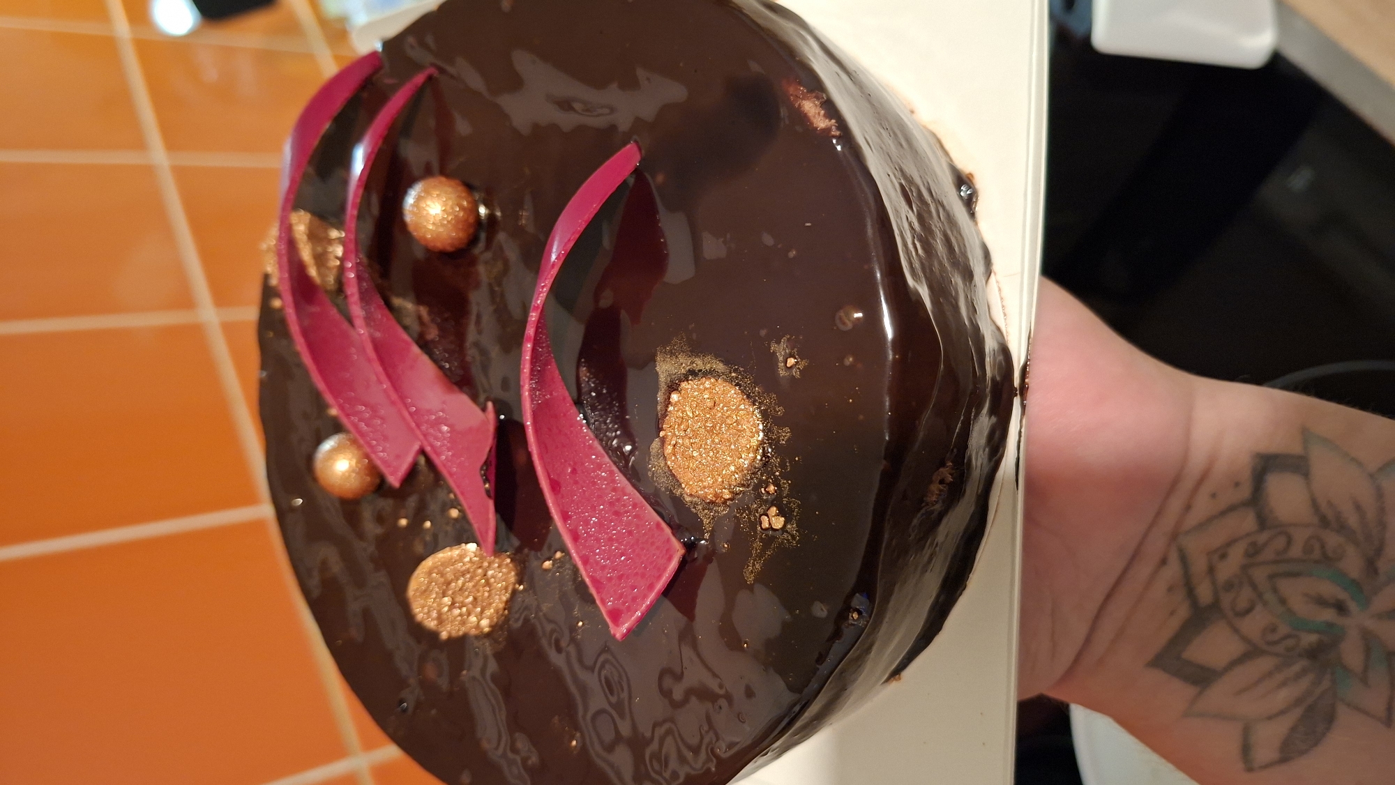 Chocolate cherry cake presentation in Tallinn