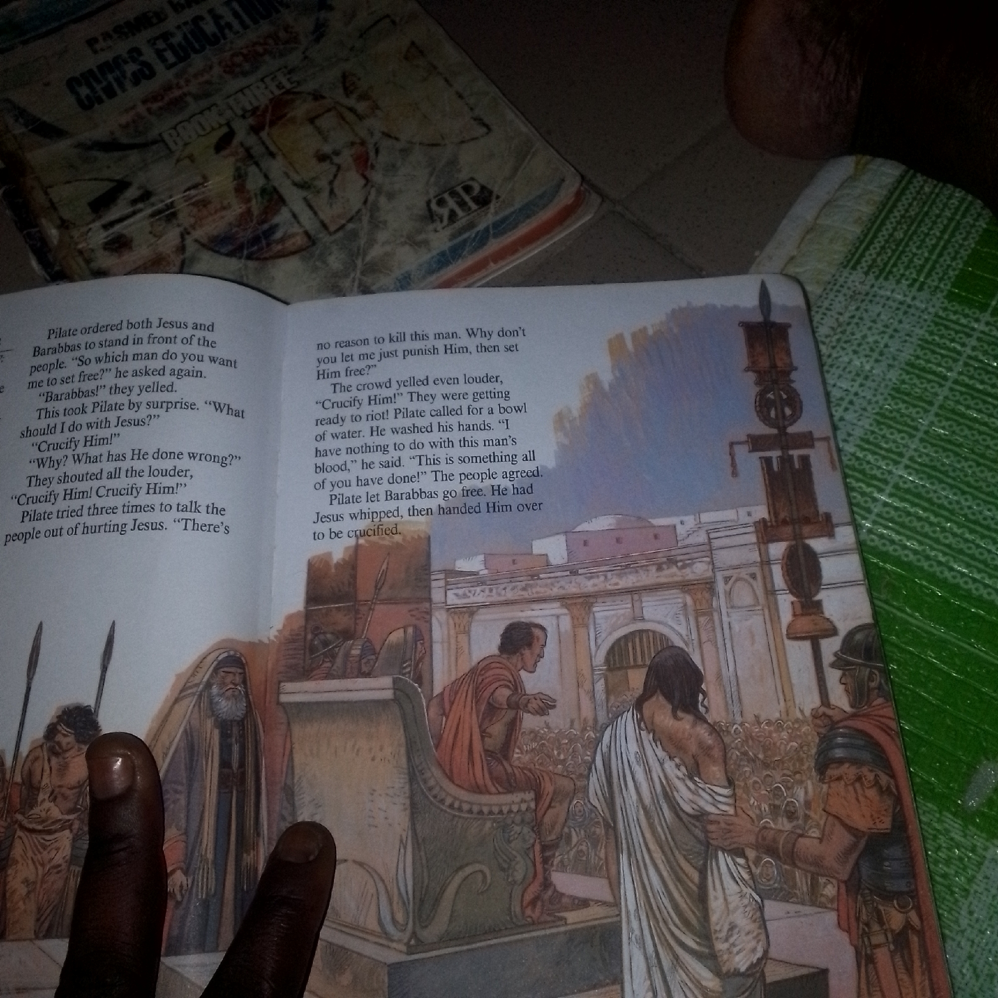 Illustrated Bible storybook pages covering Old and New Testament scenes