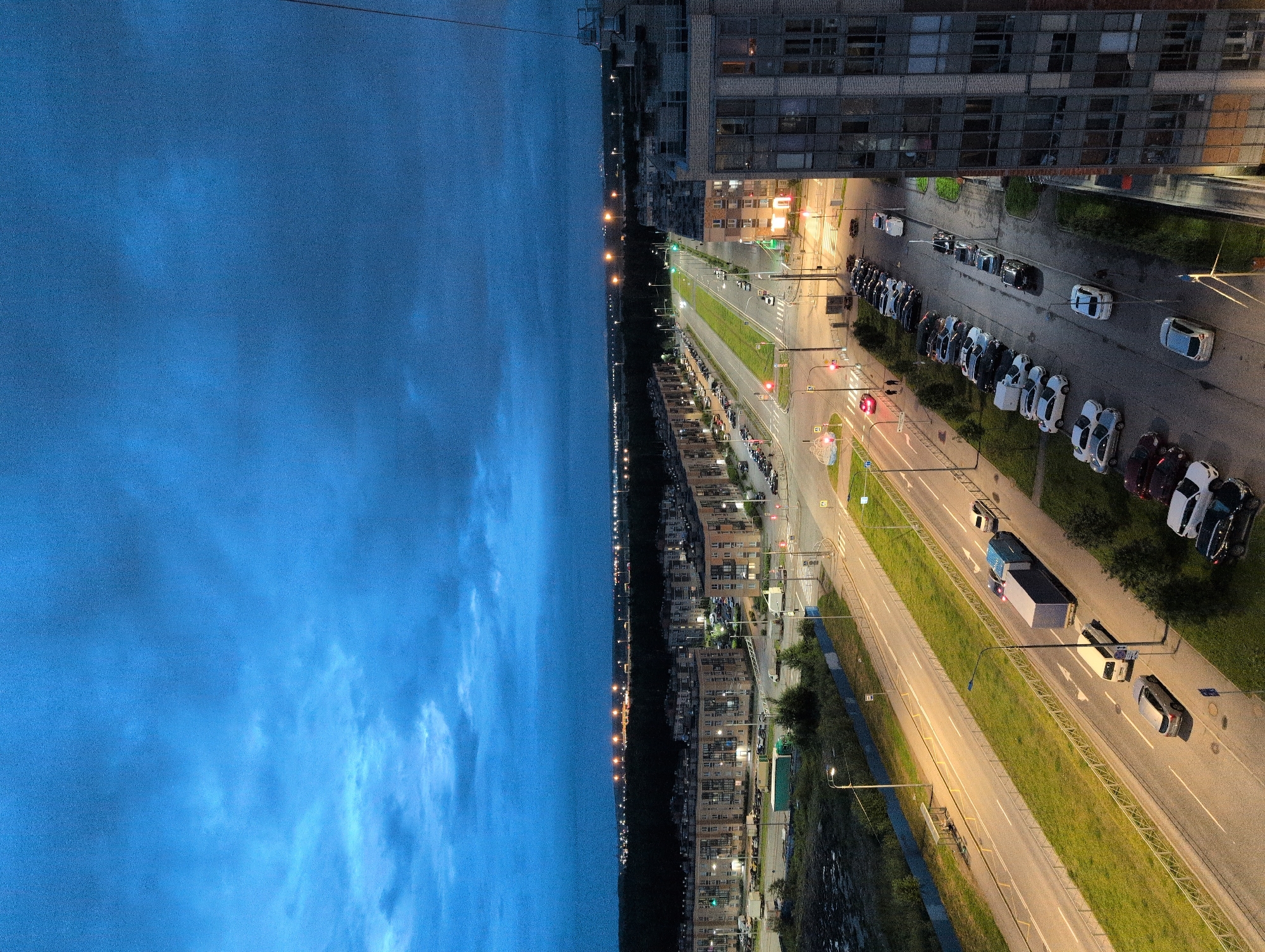 Saint Petersburg residential outskirts at summer twilight, from above
