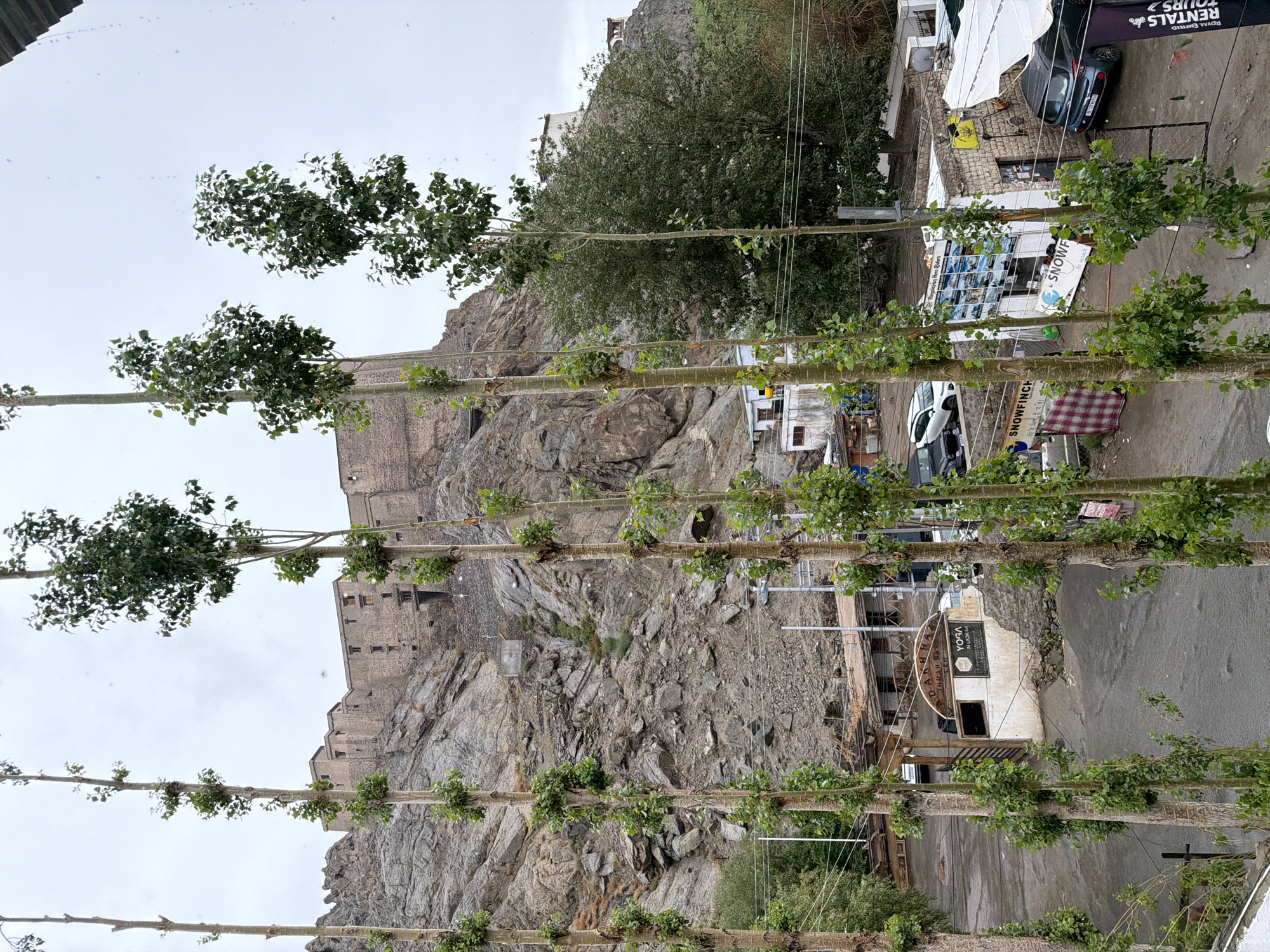 Rainy day at a Leh hillside fortress under cloudy skies
