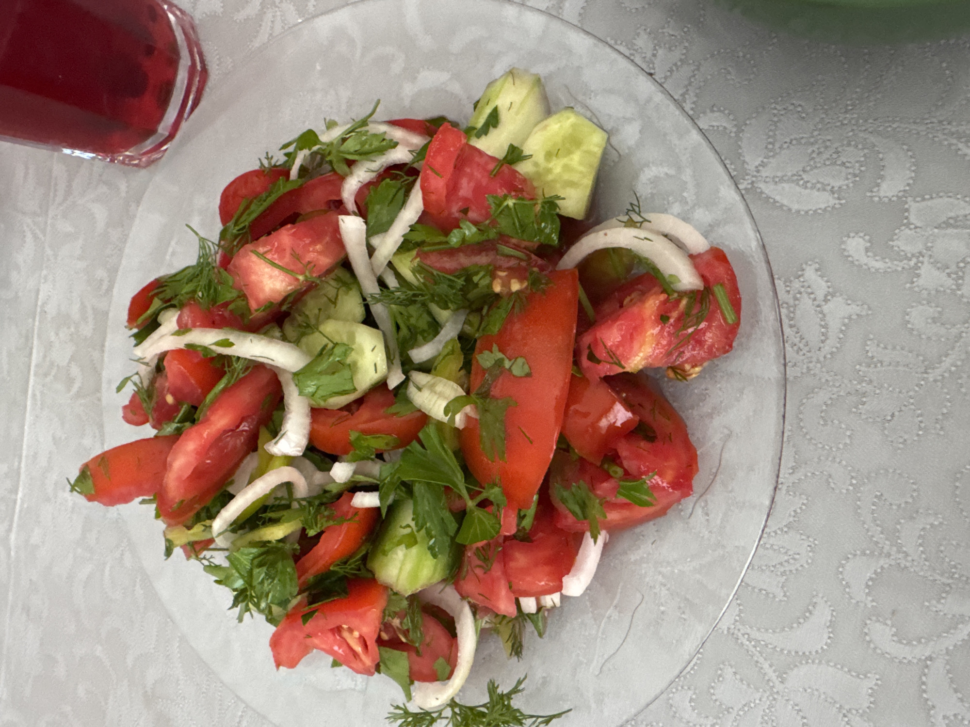 Turkish lunch spread with pilaf, salad, and red drink