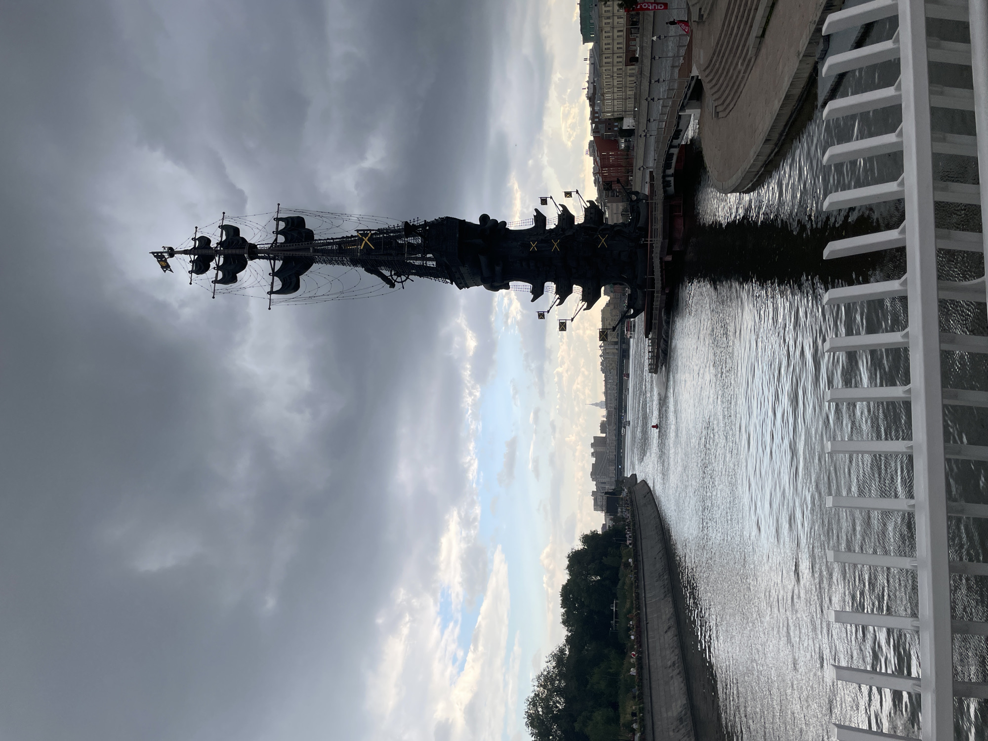 Moscow's giant ship monument and bubble guns on a cloudy afternoon