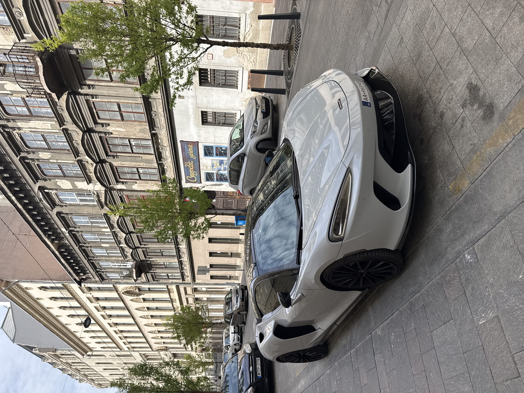 Budapest street scenes: sports car parking, fountain visit documented