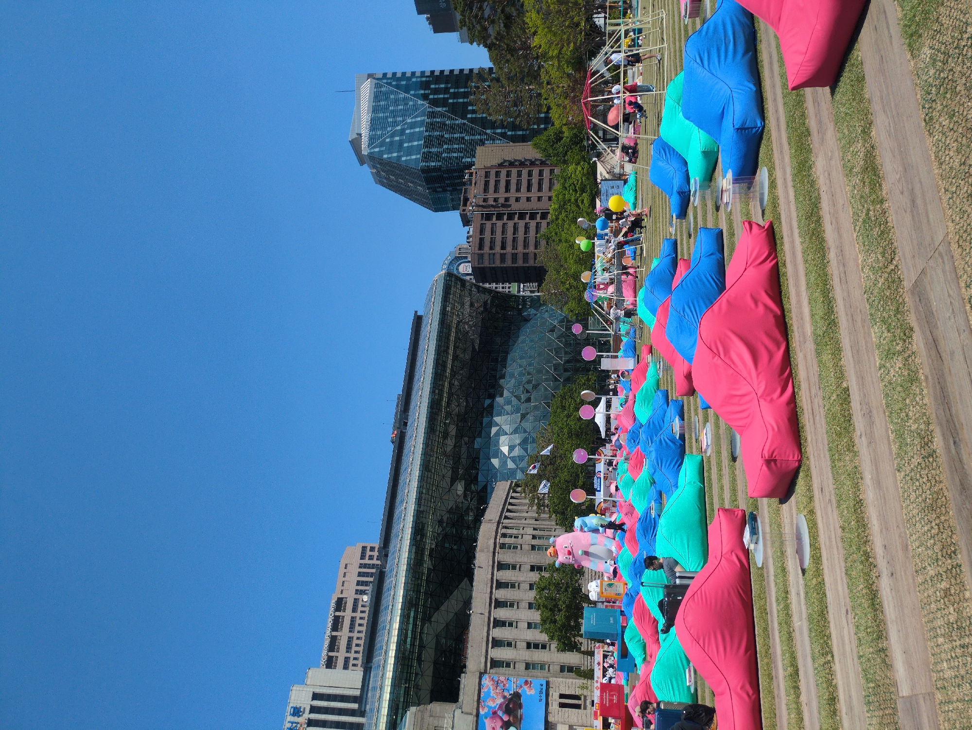 Colorful outdoor installation with beanbags and statues spotted in Seoul