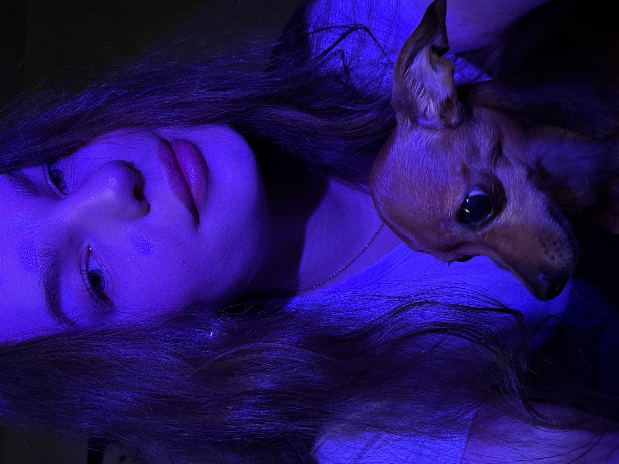 Woman and small dog share quiet moment indoors in Chaikovsky