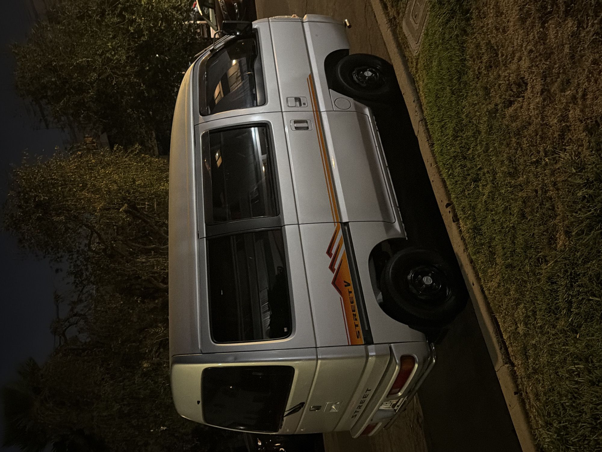 Parked cars and garden plants on a quiet night