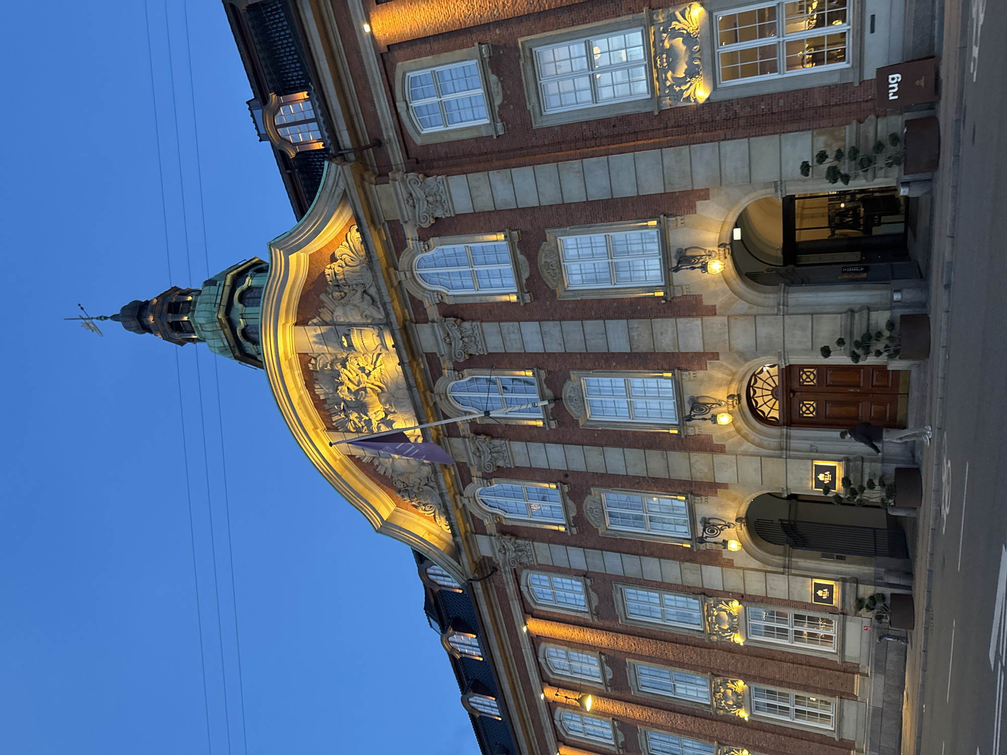 Historic Copenhagen building photographed during evening twilight hours