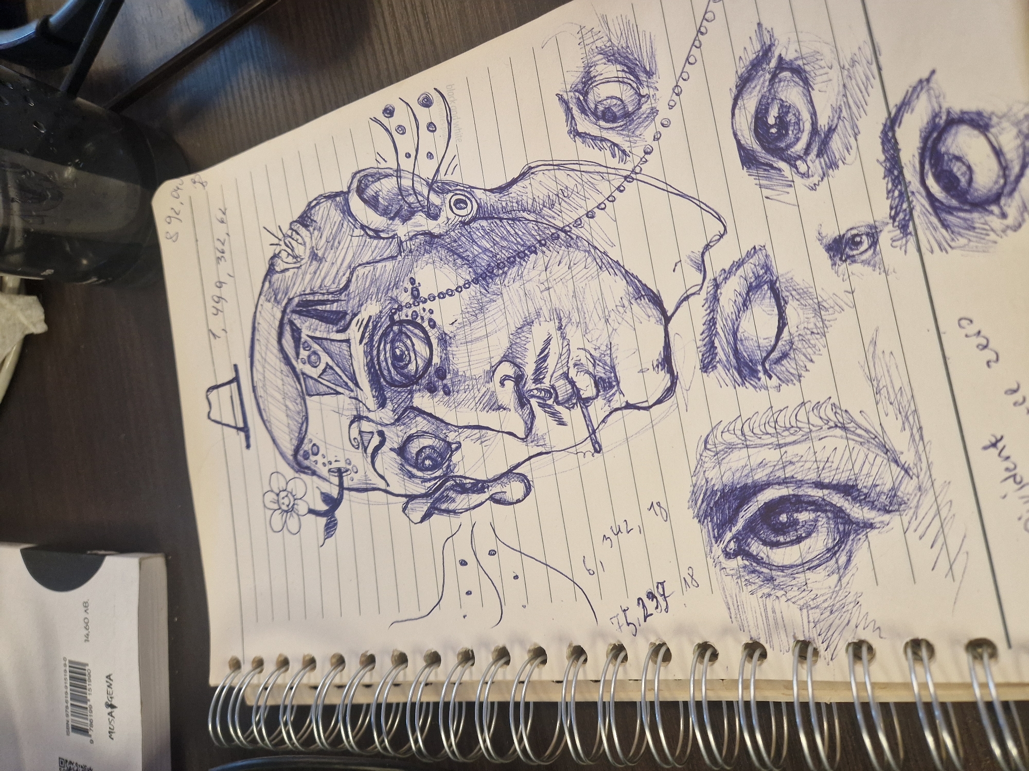 Notebook with eye drawings and "violent zero" notation documented
