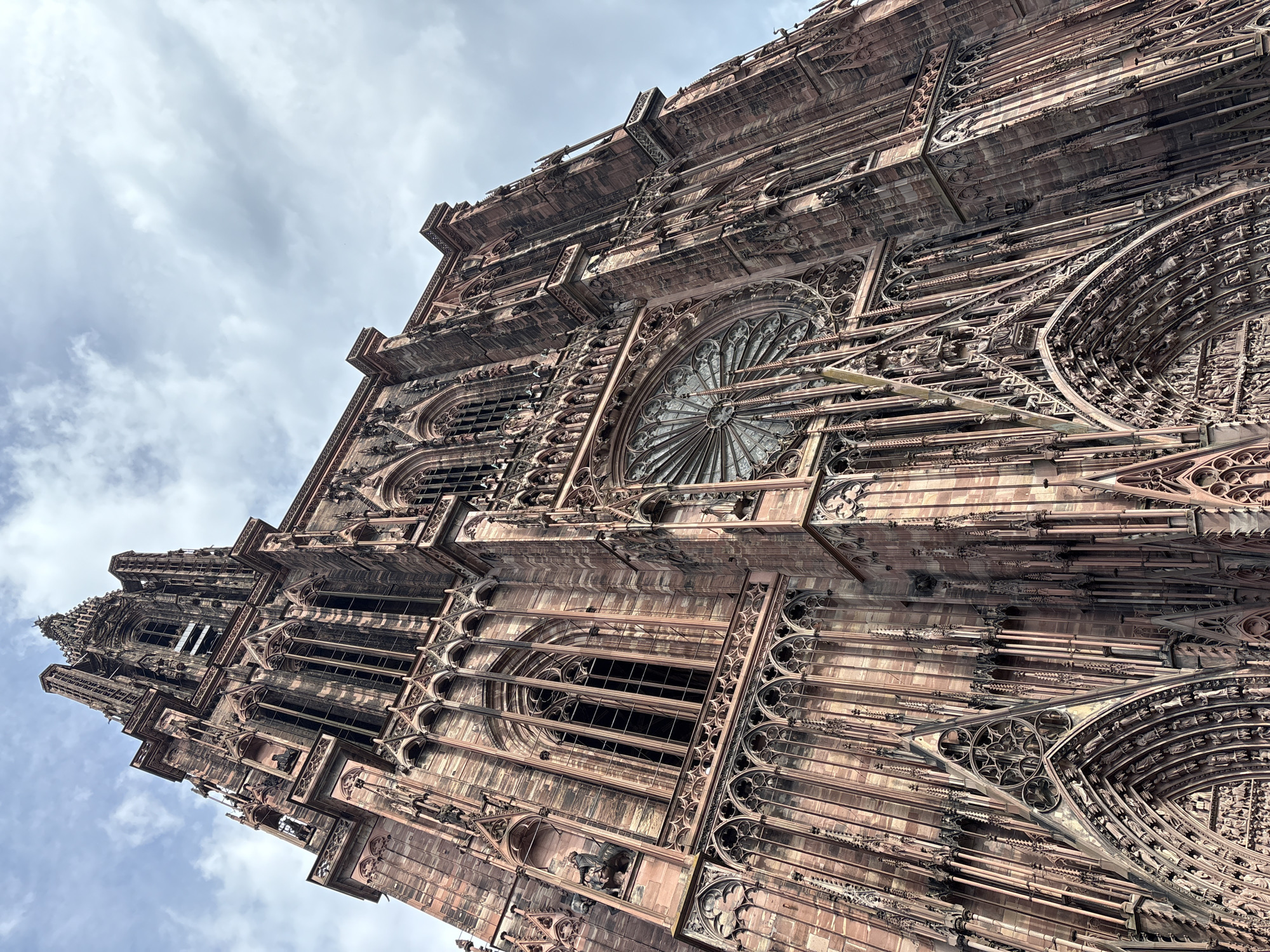 Worm's-eye view captured of Strasbourg Cathedral's Gothic architecture