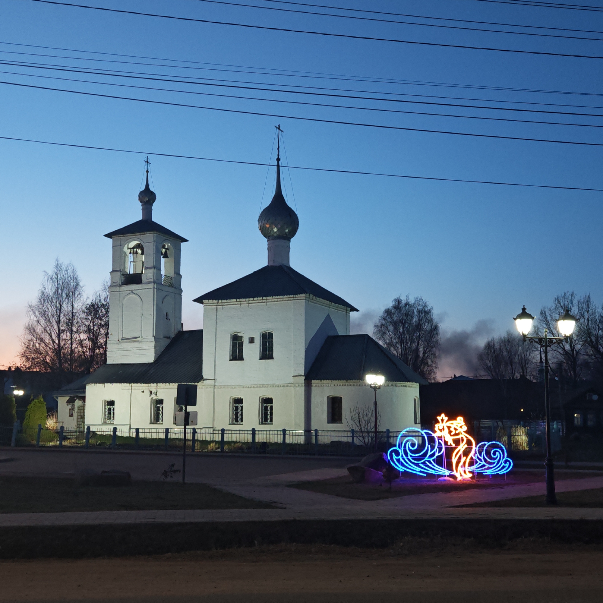 Orthodox churches illuminated at night in Kladovitsy Russia