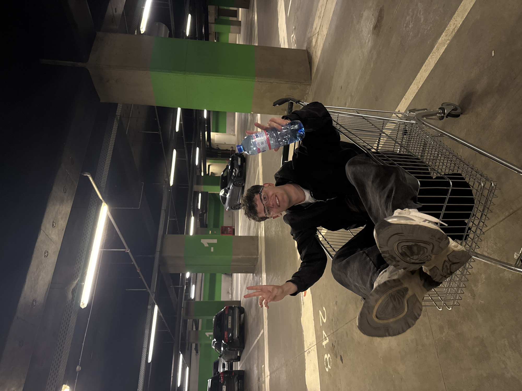Shopping cart joyride captured at Sofia mall parking garage