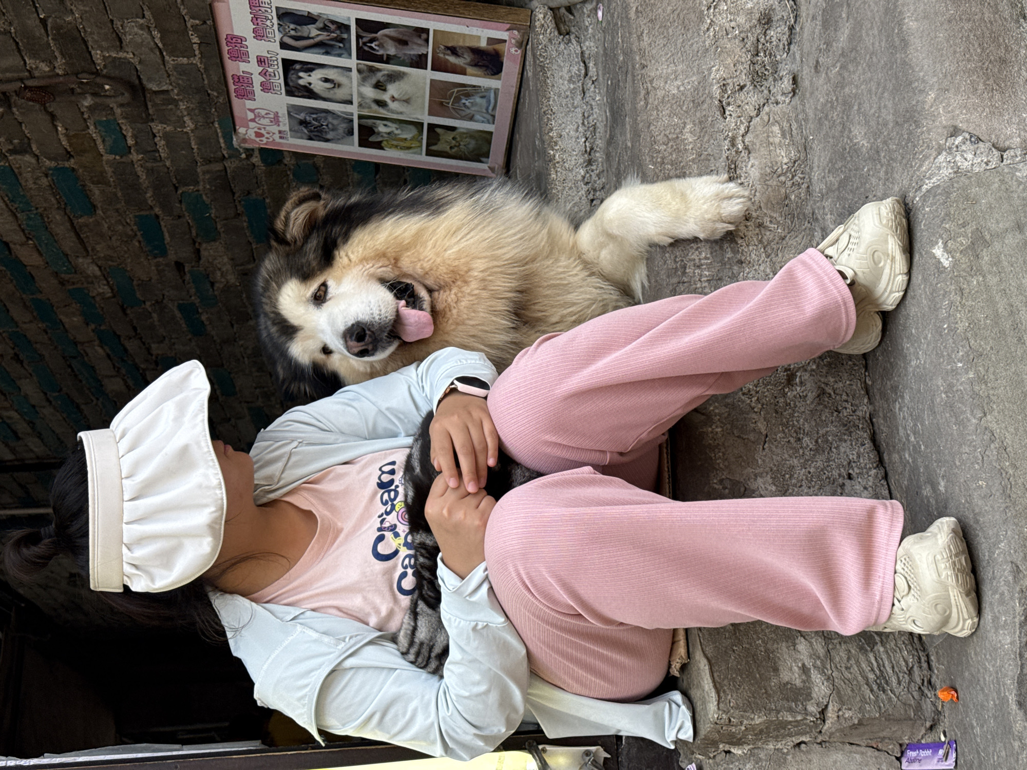 Chef rests on street with dog in Chongqing district