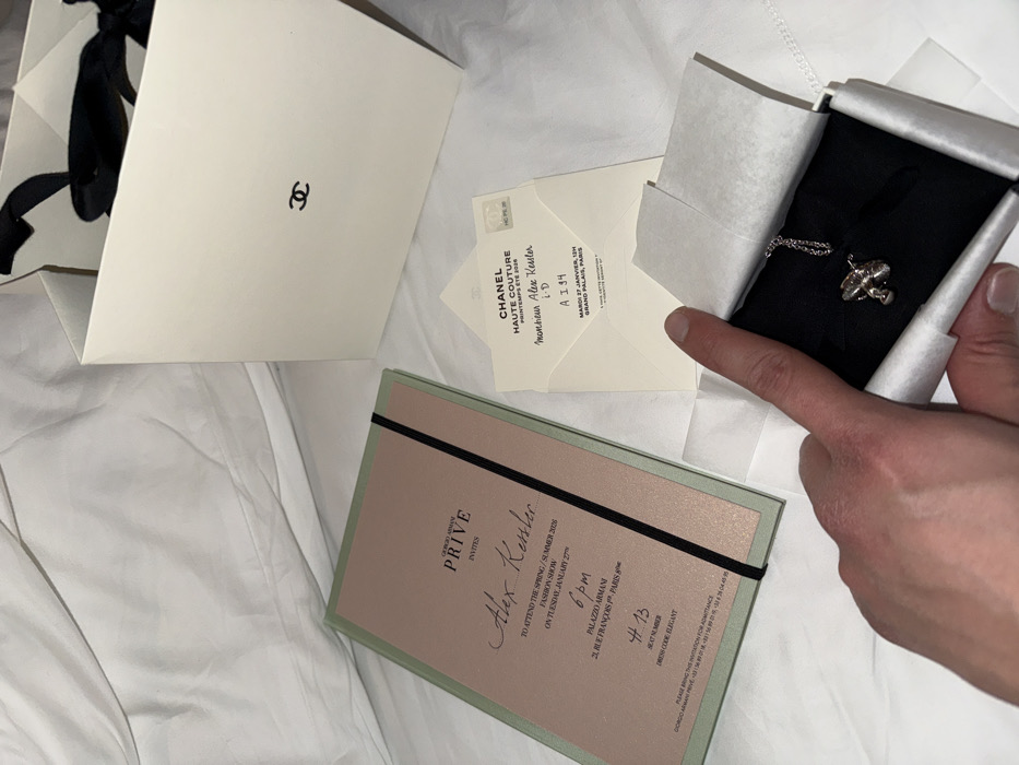 Paris evening captures luxury fashion, personal moments, elevator selfie