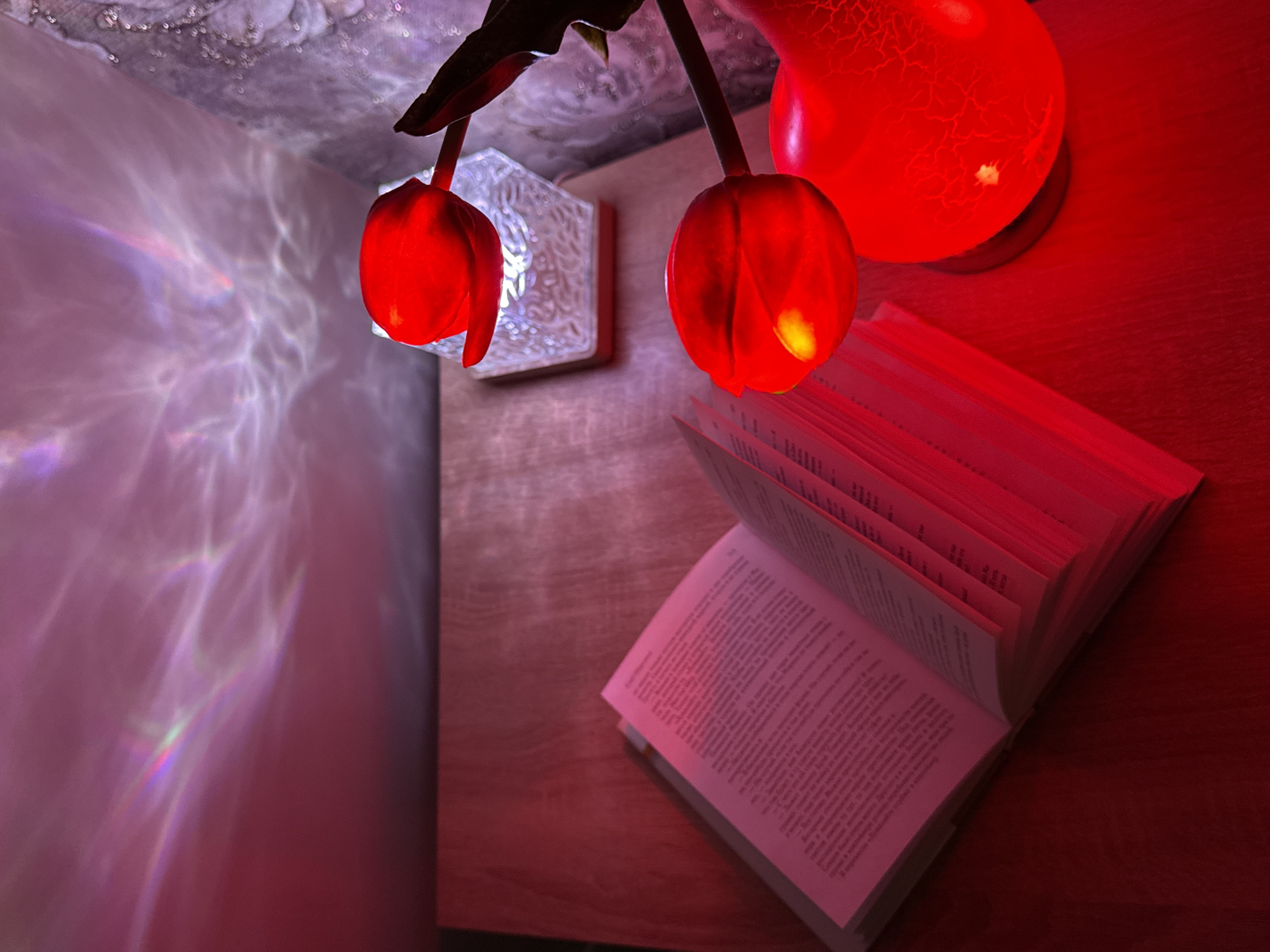 Open book with Cyrillic text photographed under red lighting