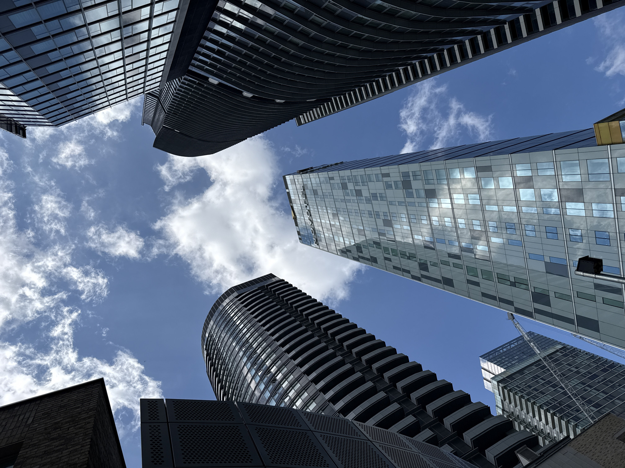 London high-rises photographed against clear blue sky