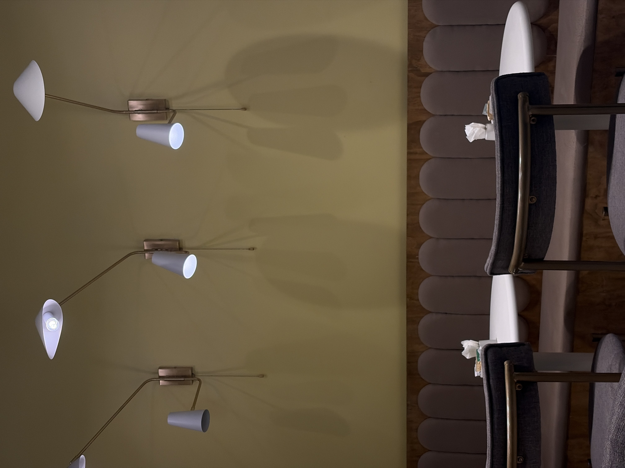 Indoor scene features wall lamps and red rose arrangements